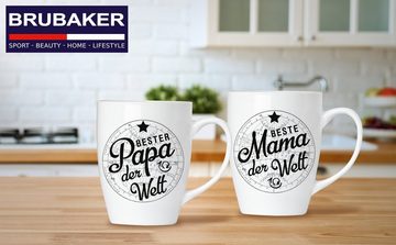 BRUBAKER Tasse 2er-Set Kaffeetassen Beste Mama und Bester Papa, Keramik, Kaffeebecher mit Weltkugel in Geschenkpackung, Geschenkset mit Grußkarte für Eltern