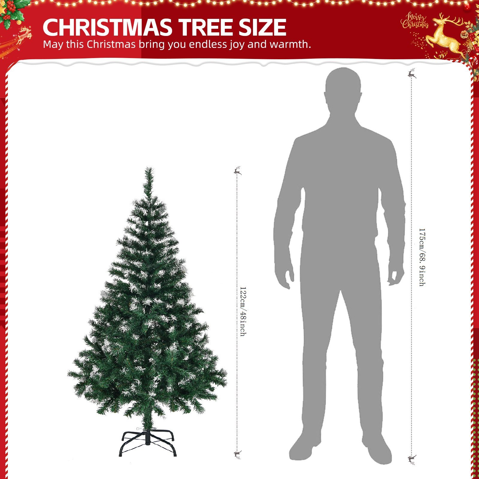 VINGLI Künstlicher Weihnachtsbaum mit 300/420/480/650/700/800/870/900 Zweigspitzen, grüne Zweige mit weißen Spitzen, Eisenbeinen, 120/150/180/210 cm – Bild 2 von 5