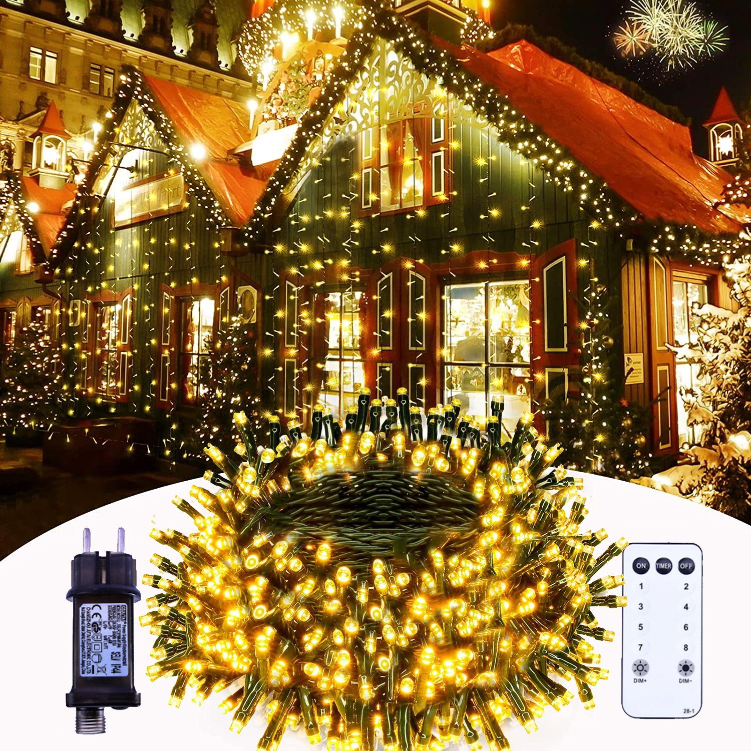 XERSEK Dekolicht 1000 LED Lichterkette Außen, Innen/Aussenbeleuchtung  Speicherfunktion, warmweiss, Timer, 8 Programme, Fernbedienung,  Speicherfunktion