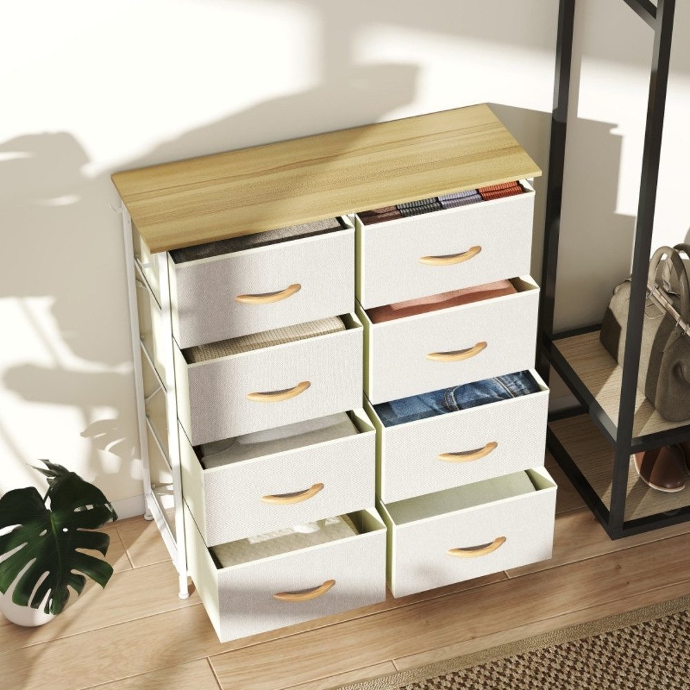 MODFU Kommode Sideboard Beige, 86x94,5x30 cm, 8 Stoffschubladen, Stahlstreben (Packung, 1 St., Mit 4 Aufbewahrungstaschen & 2 Haken, Holzoberfläche), Stilvoller Aufbewahrungsschrank mit viel Stauraum