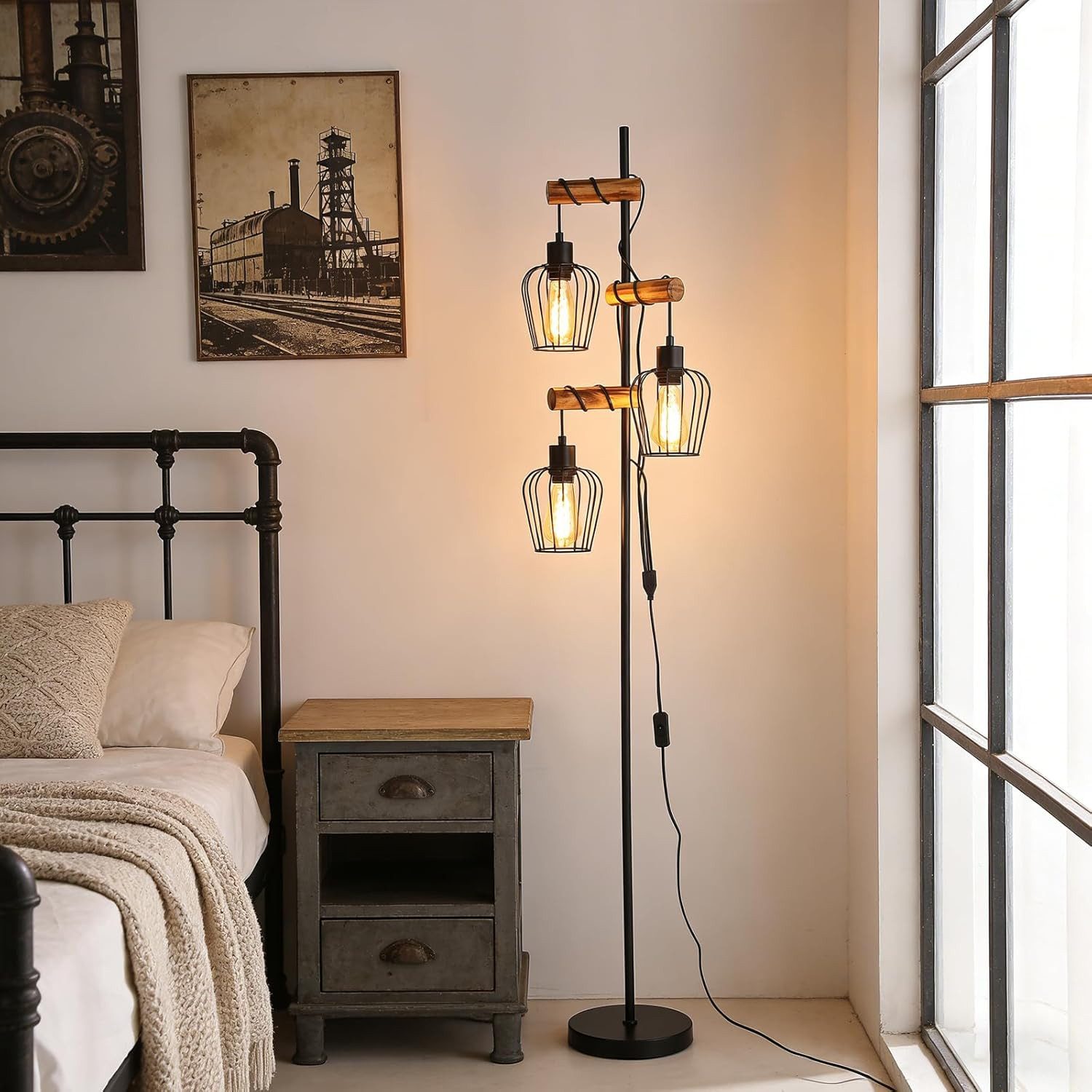 Nettlife Stehlampe Wohnzimmer Holz E27 Stehleuchte Vintage Schwarz Metall 152cm, mit Kippschalter, LED wechselbar, für Wohnzimmer, Schlafzimmer, Arbeitszimmer, Esszimmer