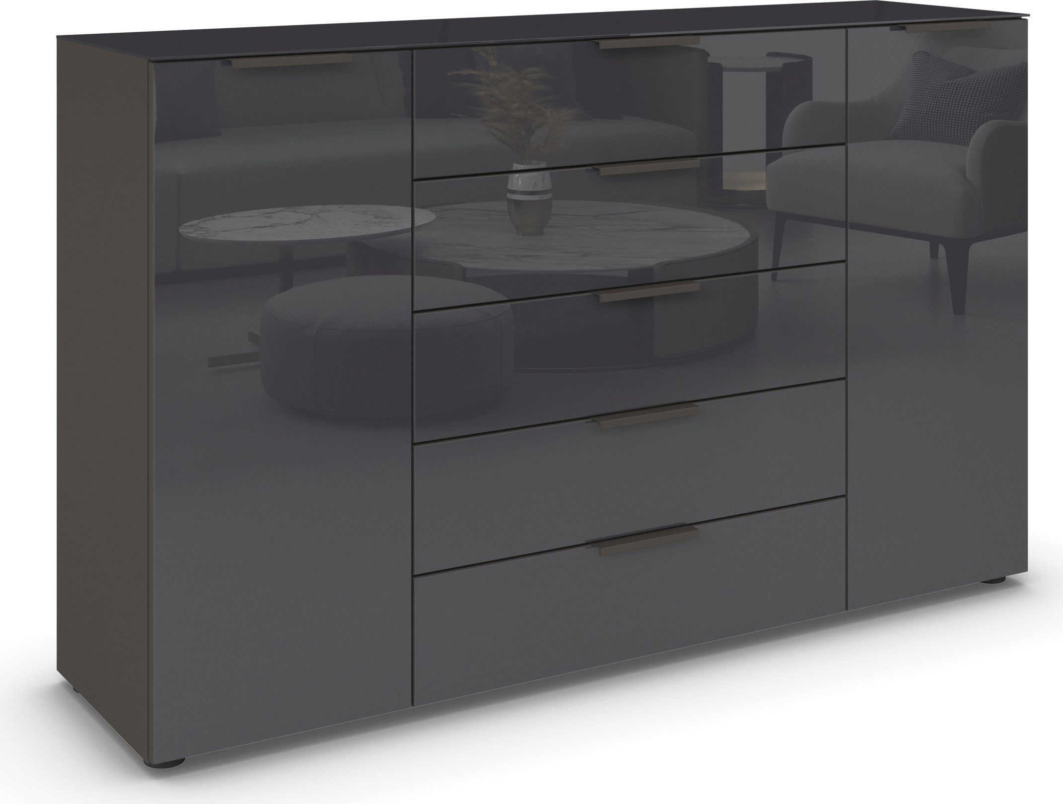 rauch Schubkastenkommode Kommode Türkommode Sideboard Kombikommode FLIPP mit Glasfront (Breite 160/180 cm mit 4 Einlegeböden), 2-türig, 5 Schubladen, Soft-Close, Oberboden und Front Glas, 2 Breiten
