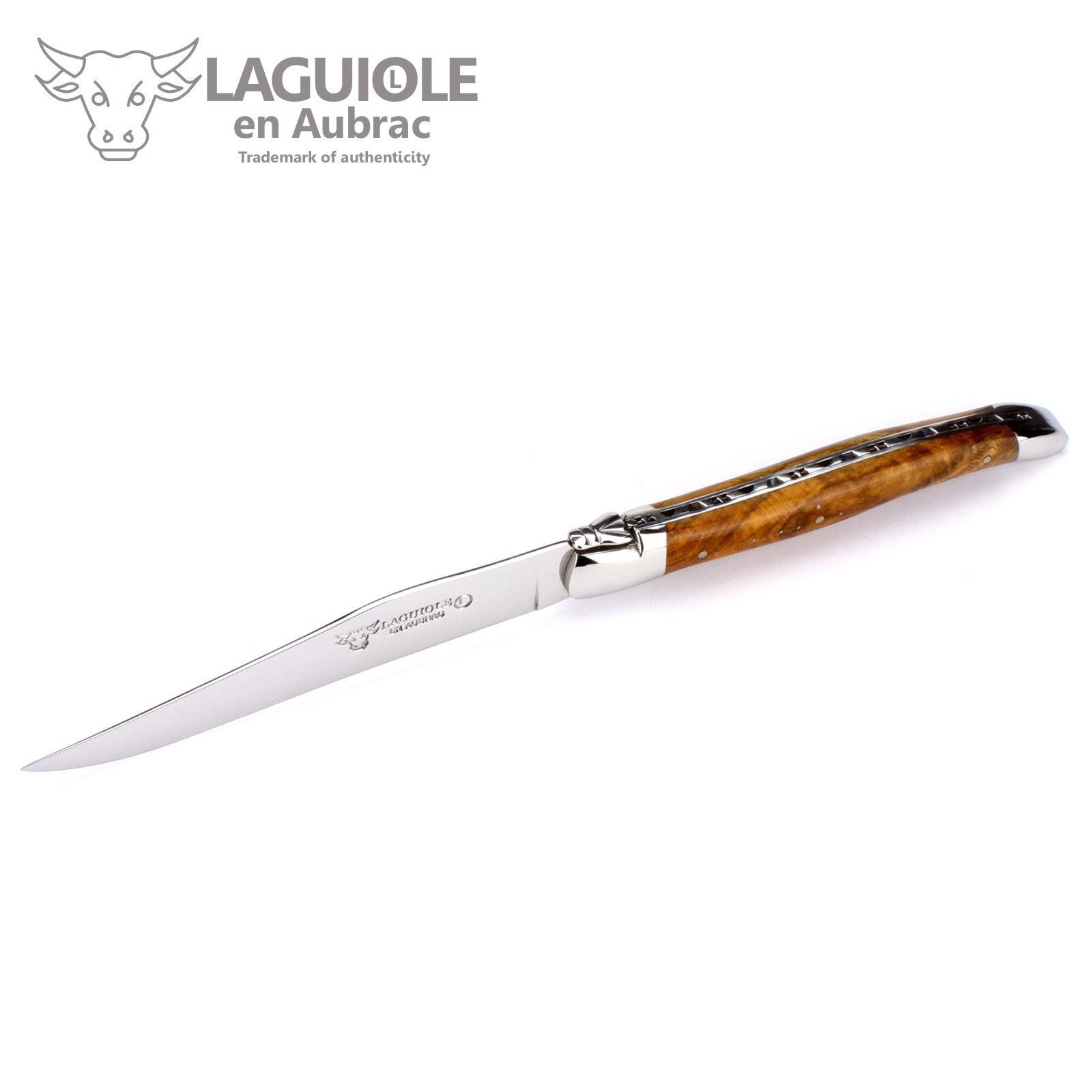 Laguiole en Aubrac Steakmesser 62C99TKIH BRI 6er Set - Griff Teakholz - Backen glänzend - Klinge glänzend - Holzbox