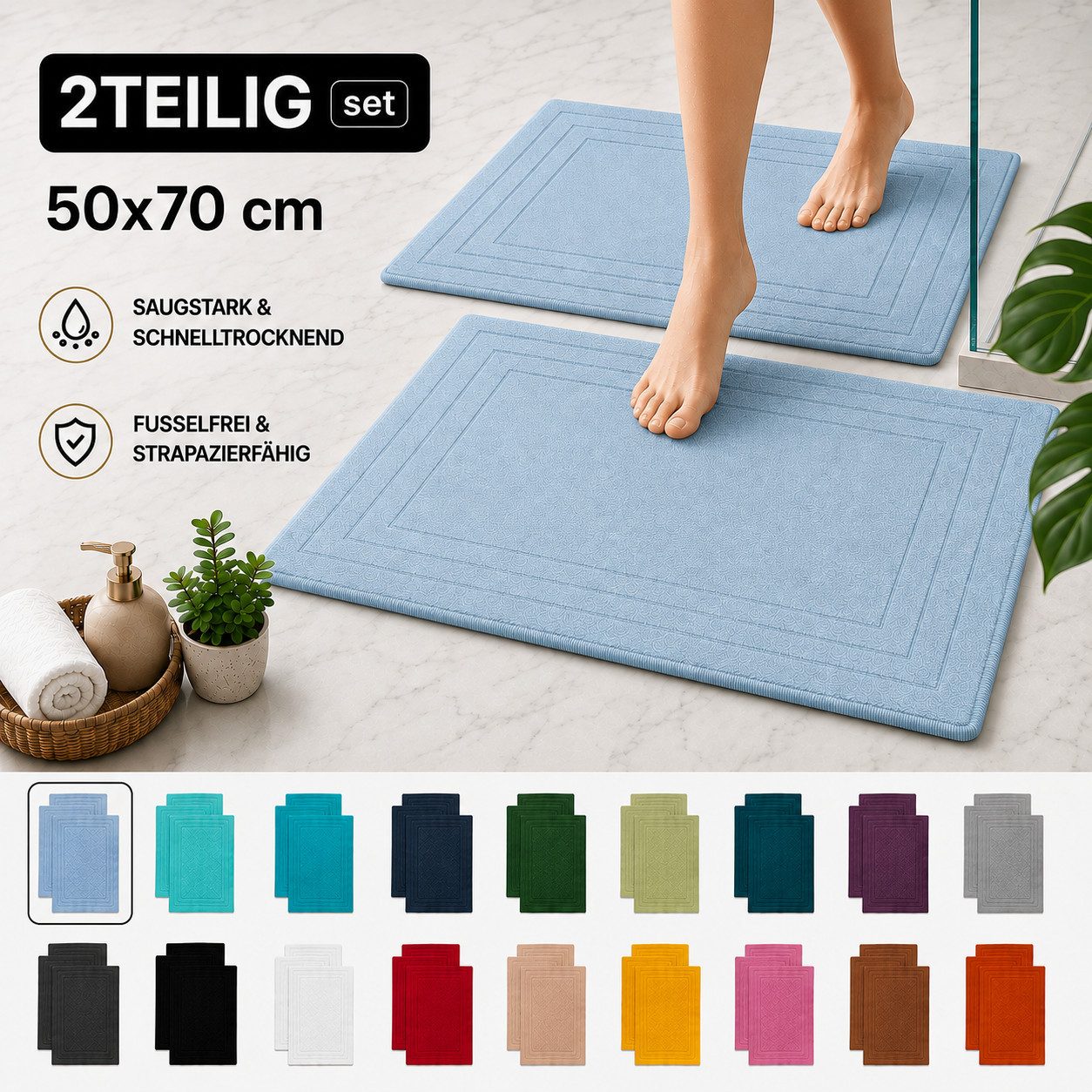 Komfortec Badematte 2er Badetuch Set aus 100% Baumwolle 50x70 cm Extra Weich & Saugstark, Rechteckig, 600 g/m² – Bild 5 von 5