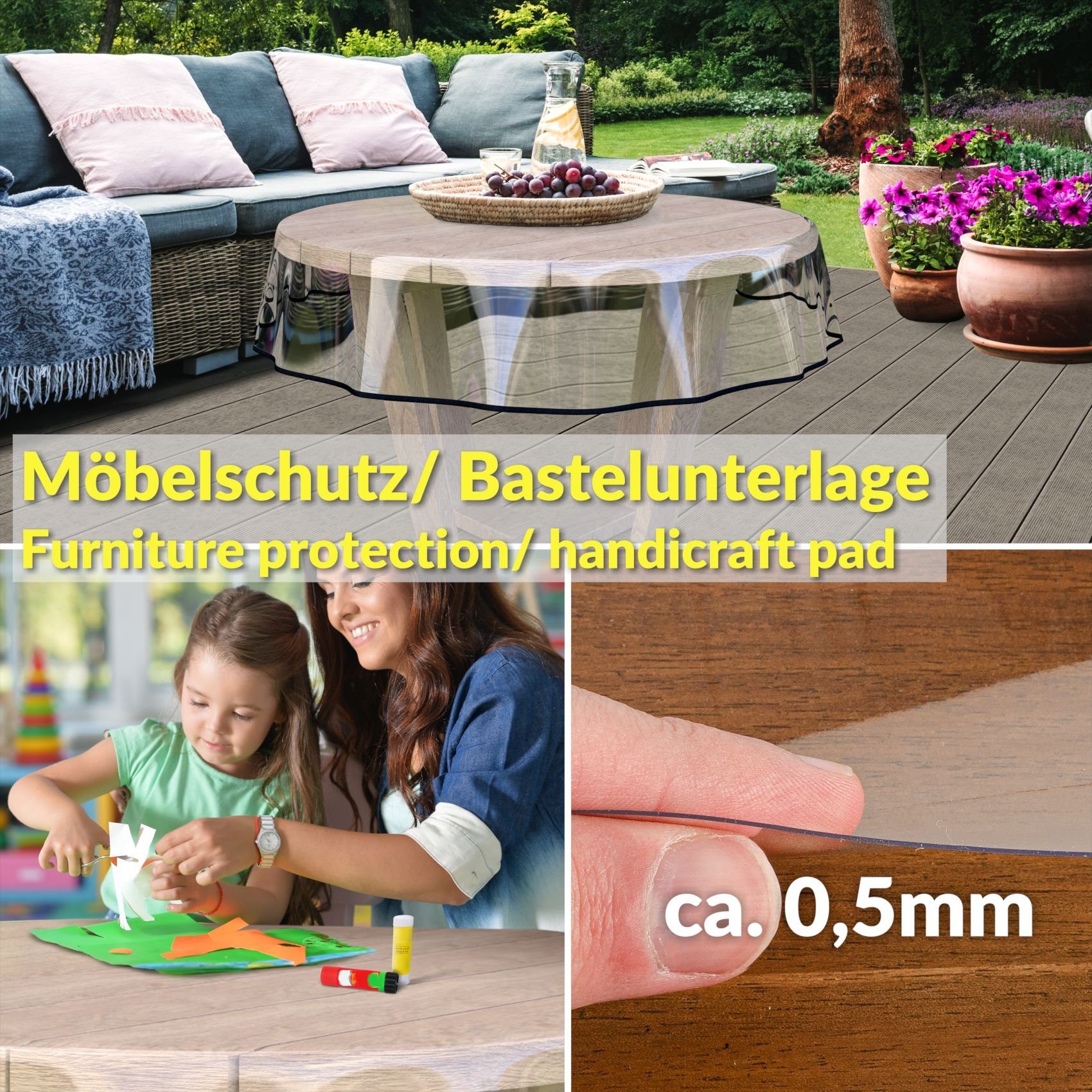 ANRO Tischdecke KLARA abwaschbar Tischfolie transparent Gartentischdecke 0,5mm (Einzelstück 1-tlg), wasserabweisend Durchsichtig Transparent Schwarz Rund 100cm