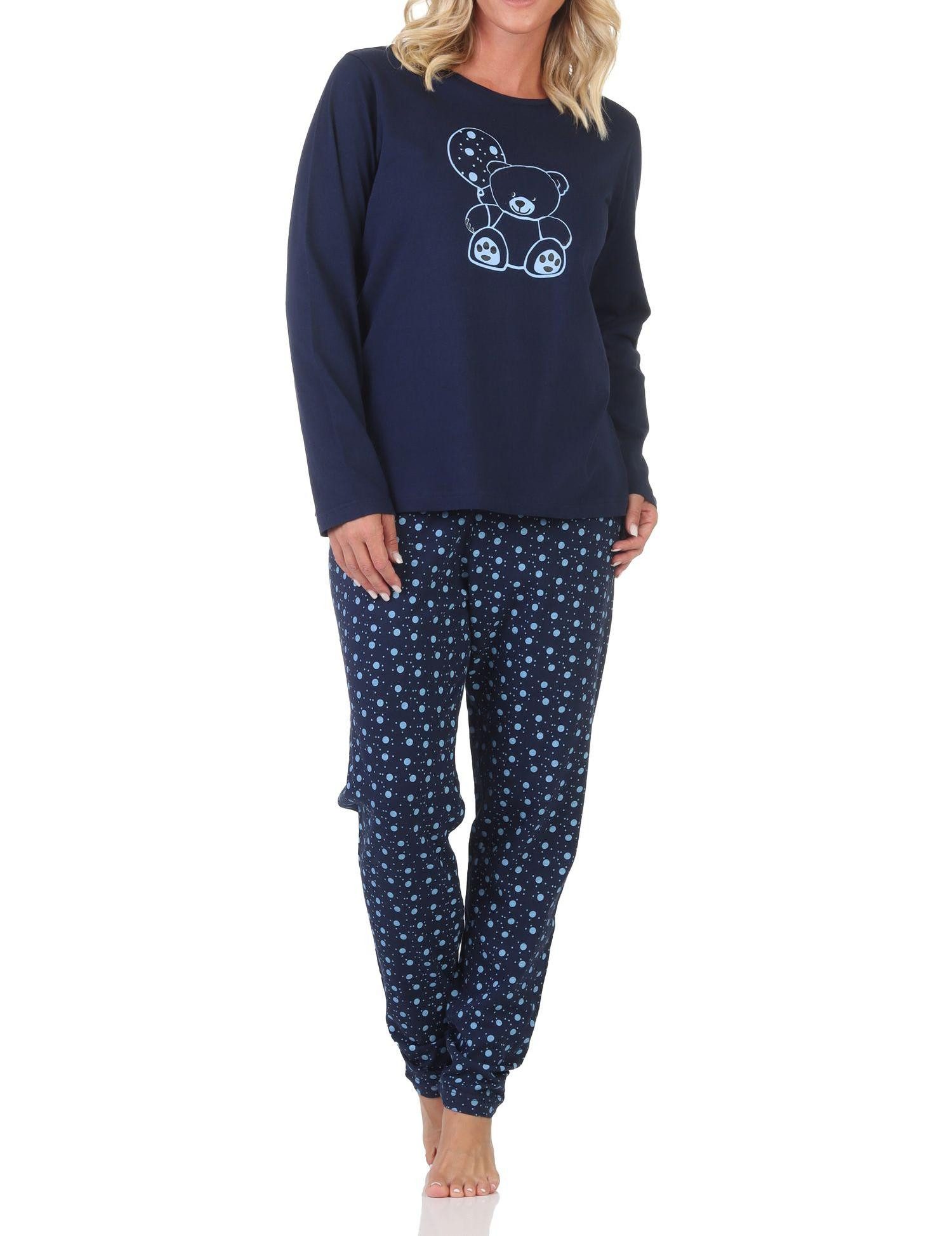 Normann Pyjama Normann Damen Pyjama Schlafanzug langarm mit süßem Teddy-Motiv