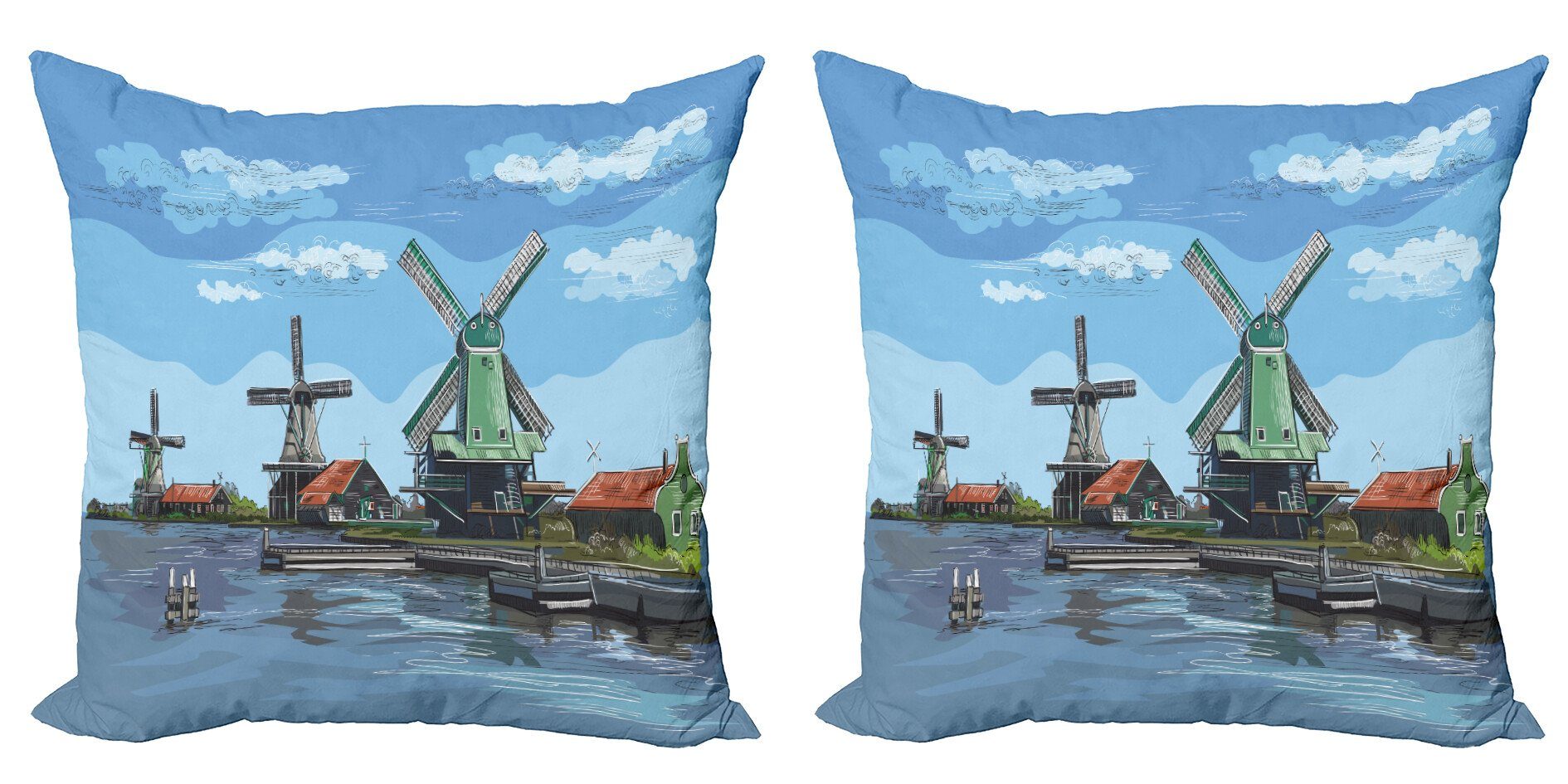 Kissenbezüge Modern Accent Doppelseitiger Digitaldruck, Abakuhaus (2 Stück), Amsterdam Cartoon-Stil Windmühle