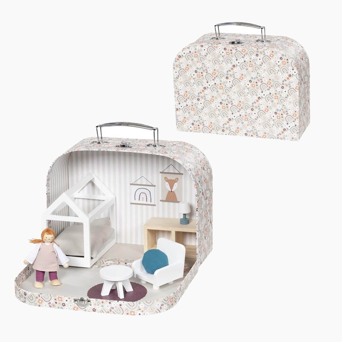 goki Puppenhaus Kofferapartment Paris No. 137, (set, 10-tlg., Anzahl der Teile: 10, inklusive Möbel und Biegepuppe), Perfekt für unterwegs und zu Hause