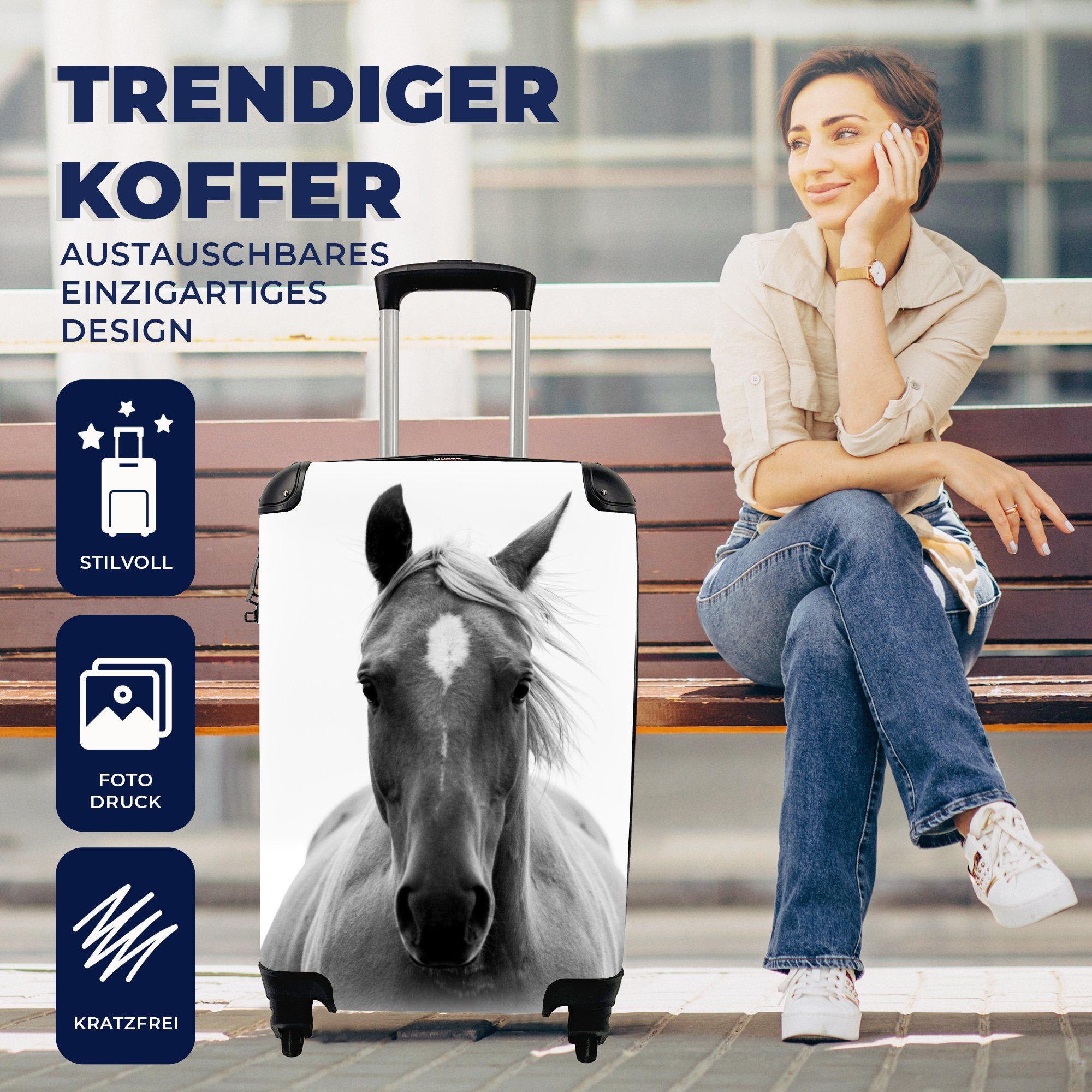4 - Reisekoffer Ferien, Schwarz Rollen, Weiß, - mit MuchoWow Handgepäckkoffer Handgepäck Tier Pferd Reisetasche - Trolley, für rollen,