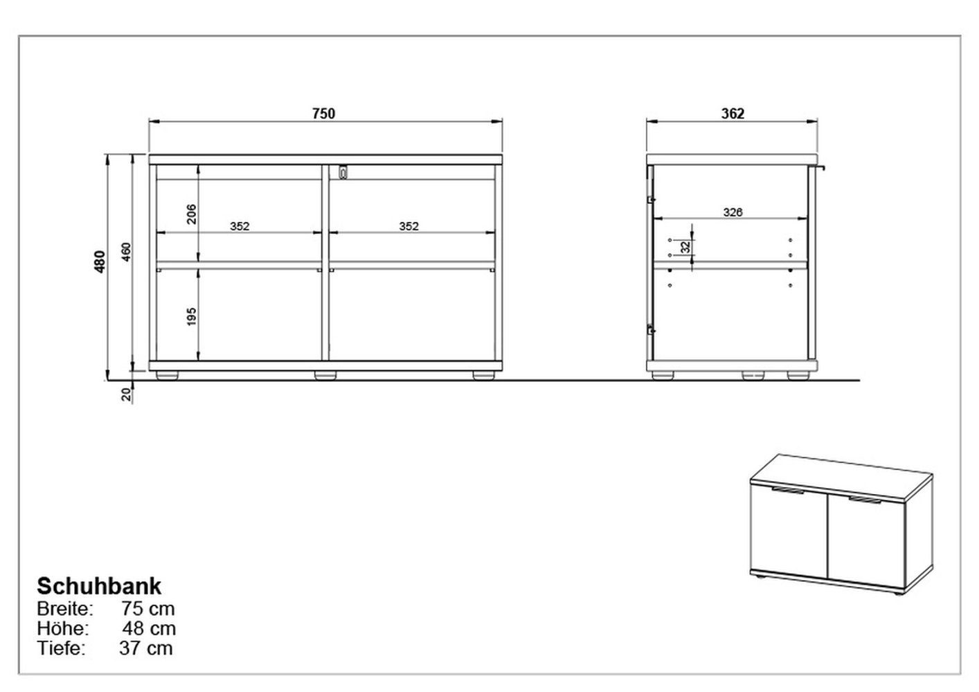 Türen Schuhbank möbelando 2 und Einlegeböden in 392 75x48x37 cm), (BxHxT: braun mit 2