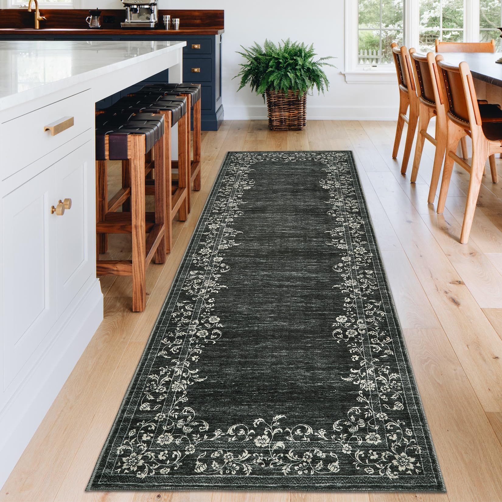 GarveeMore Veloursteppich Waschbarer Vintage Teppich Designteppich Läufer mit floraler Bordüre, Moderner Kurzflor, rutschfest, pflegeleicht & schmutzabweisend