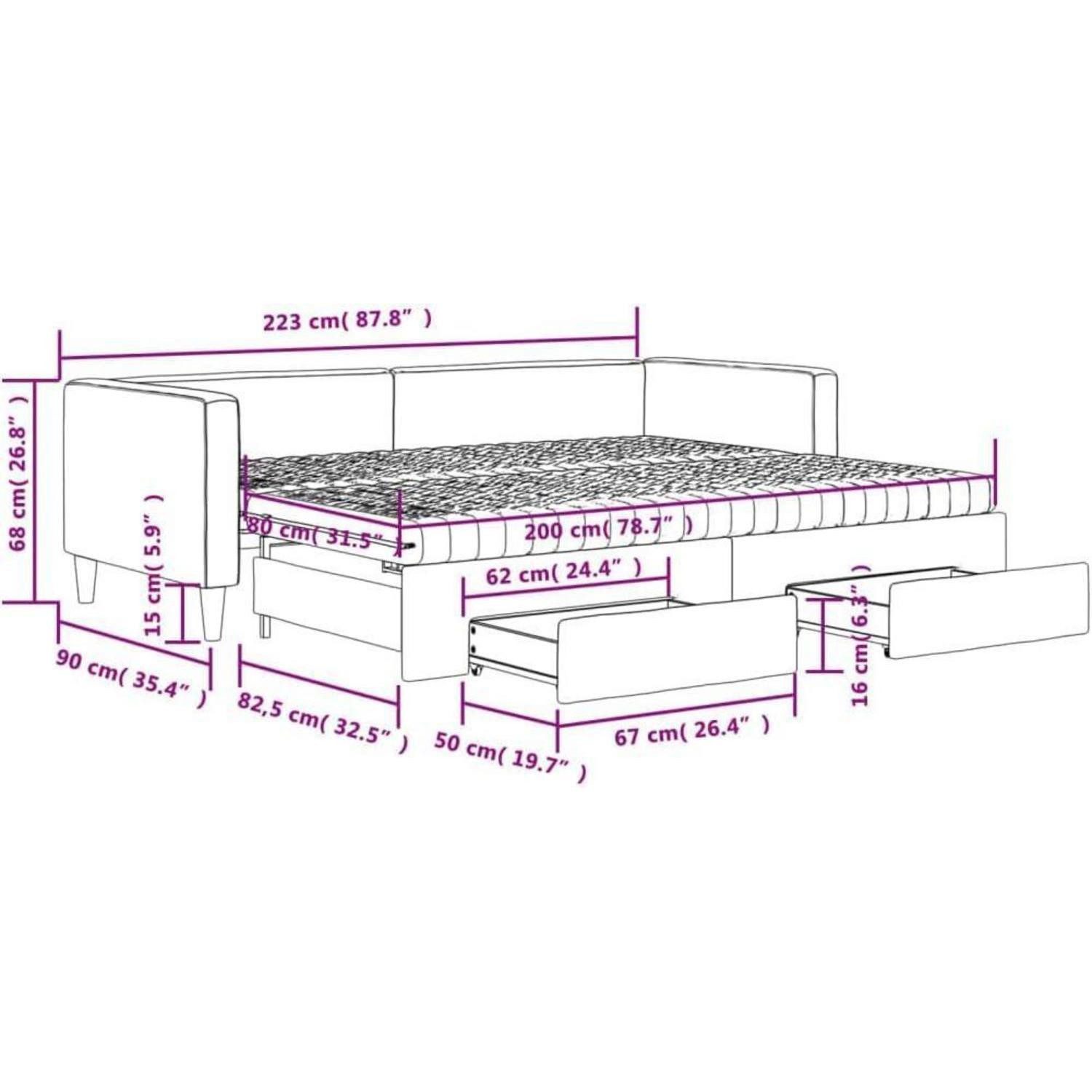 LuxusKollektion Schlafsofa Schlafsofa 80 x 200 mit Bettkasten & Schublade & Matratze Schwarz