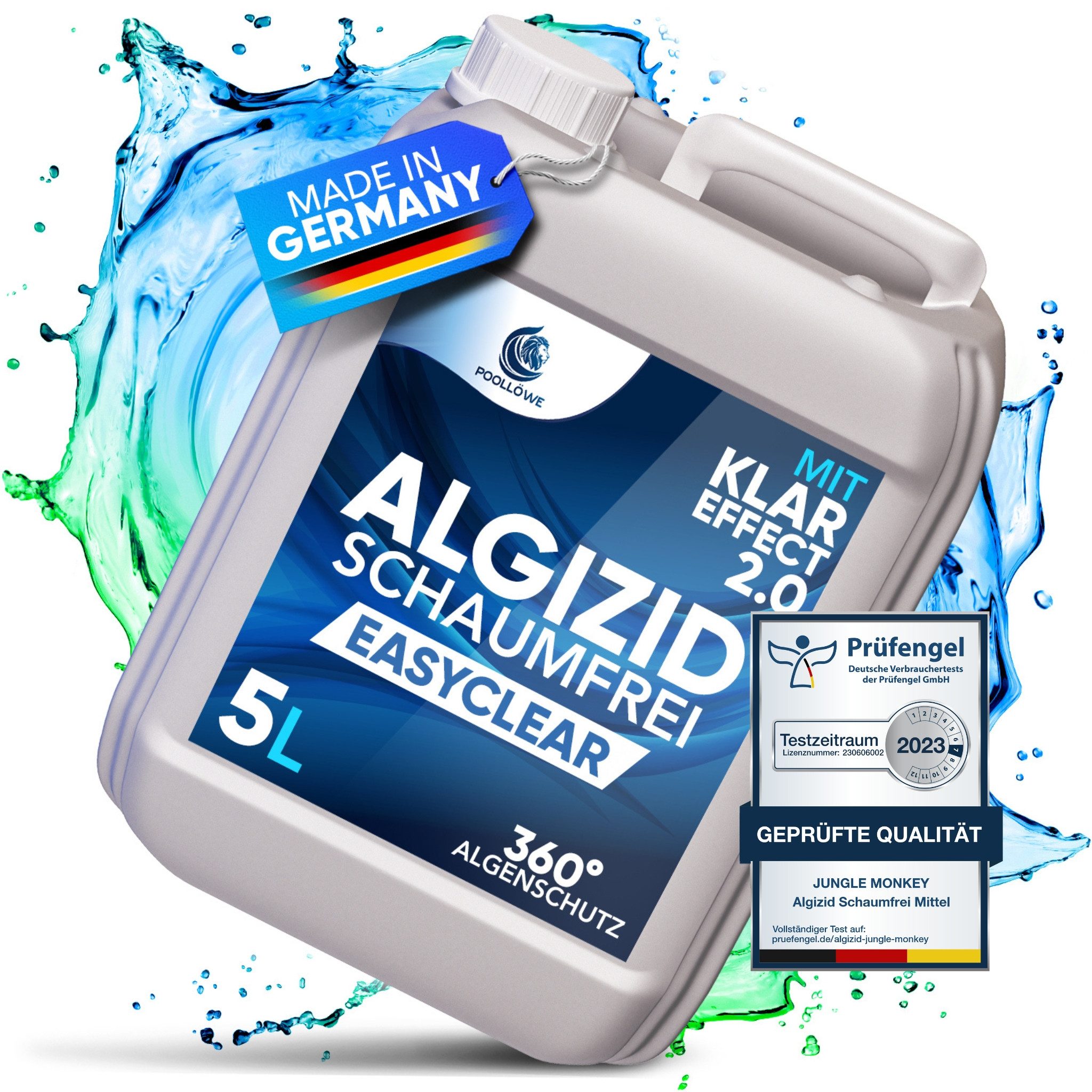 Poollöwe Poolpflege Algizid flüssig für Pool mit ClearProtect-Formel, 5–10L, ClearProtect-Formel, schaumfrei, chlorfrei, zertifiziert