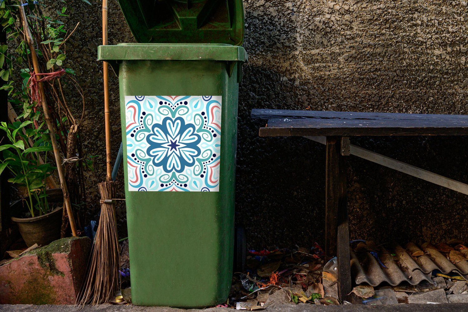 MuchoWow Wandsticker Blume - - - Sticker, Container, (1 Mülleimer-aufkleber, Mandala St), Blau Mülltonne, böhmisch Abfalbehälter