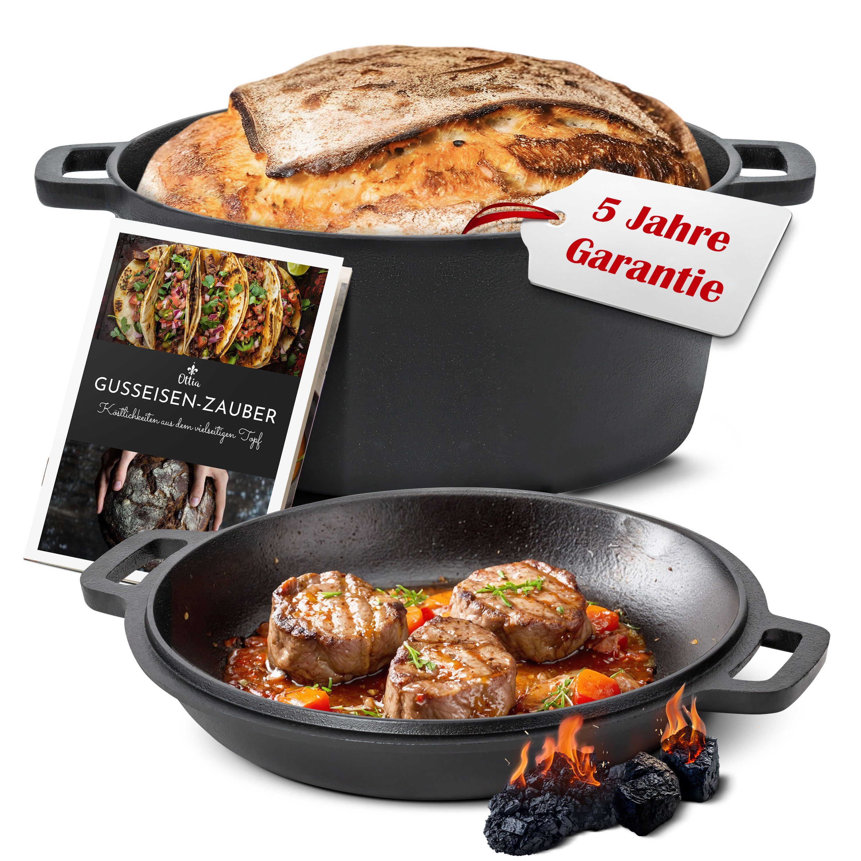 Ottia Schmortopf Gusseisen Topf, Brot backen, Dutch Oven, 2-in-1, 26cm, 5 Liter, Gusseisen (fertig eingebrannt, inkl. E-Book), Händler aus Hamburg
