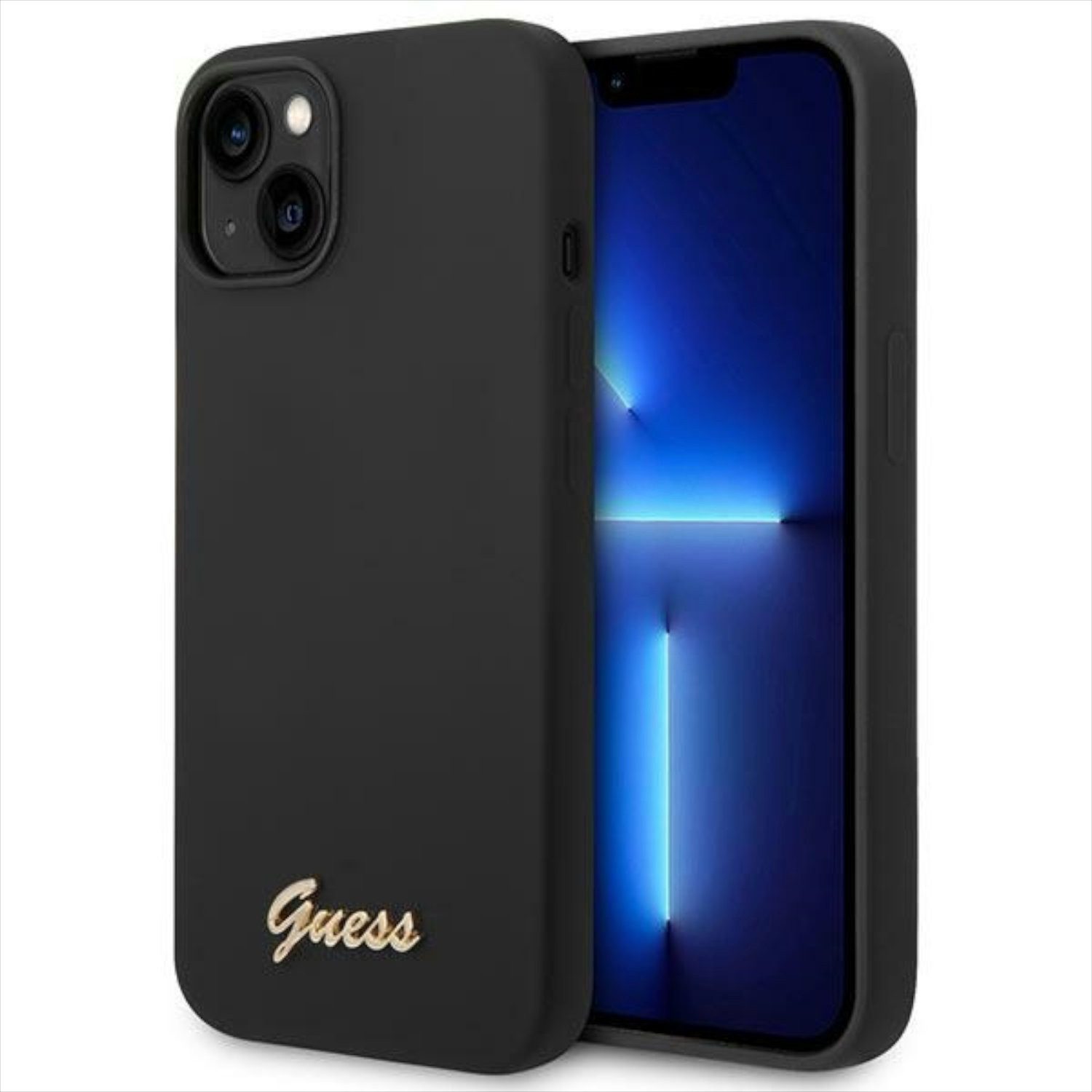 Guess Smartphone-Hülle Guess Apple iPhone 14 Plus Hard Case Silikon Vintage Gold Logo Schwarz