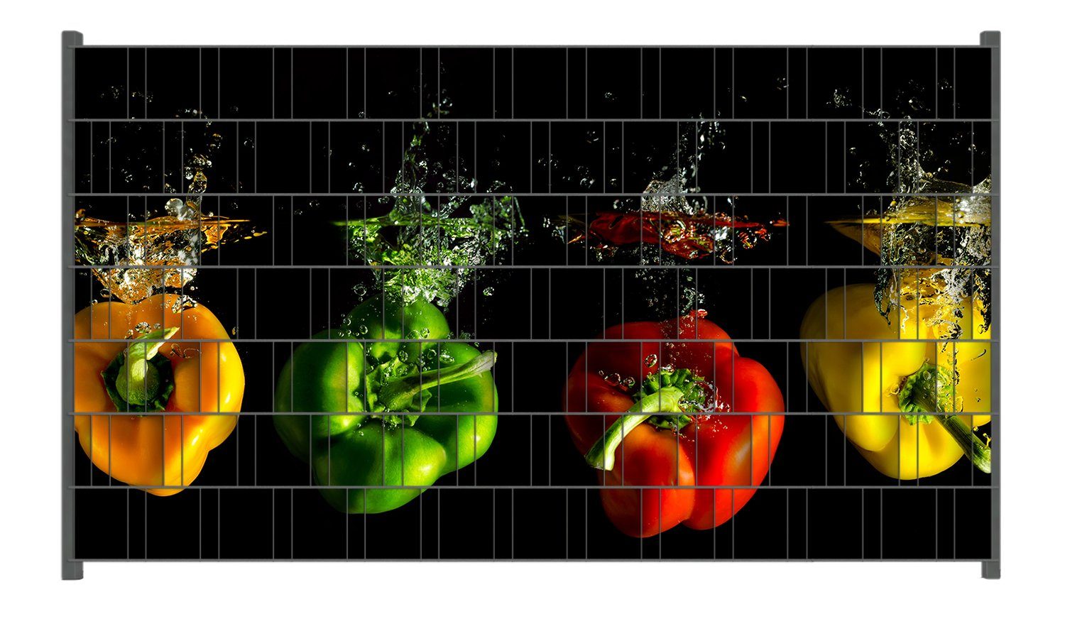 Wallario Sichtschutzstreifen Bunte Küche Paprika in rot gelb orange und grün im Wasser
