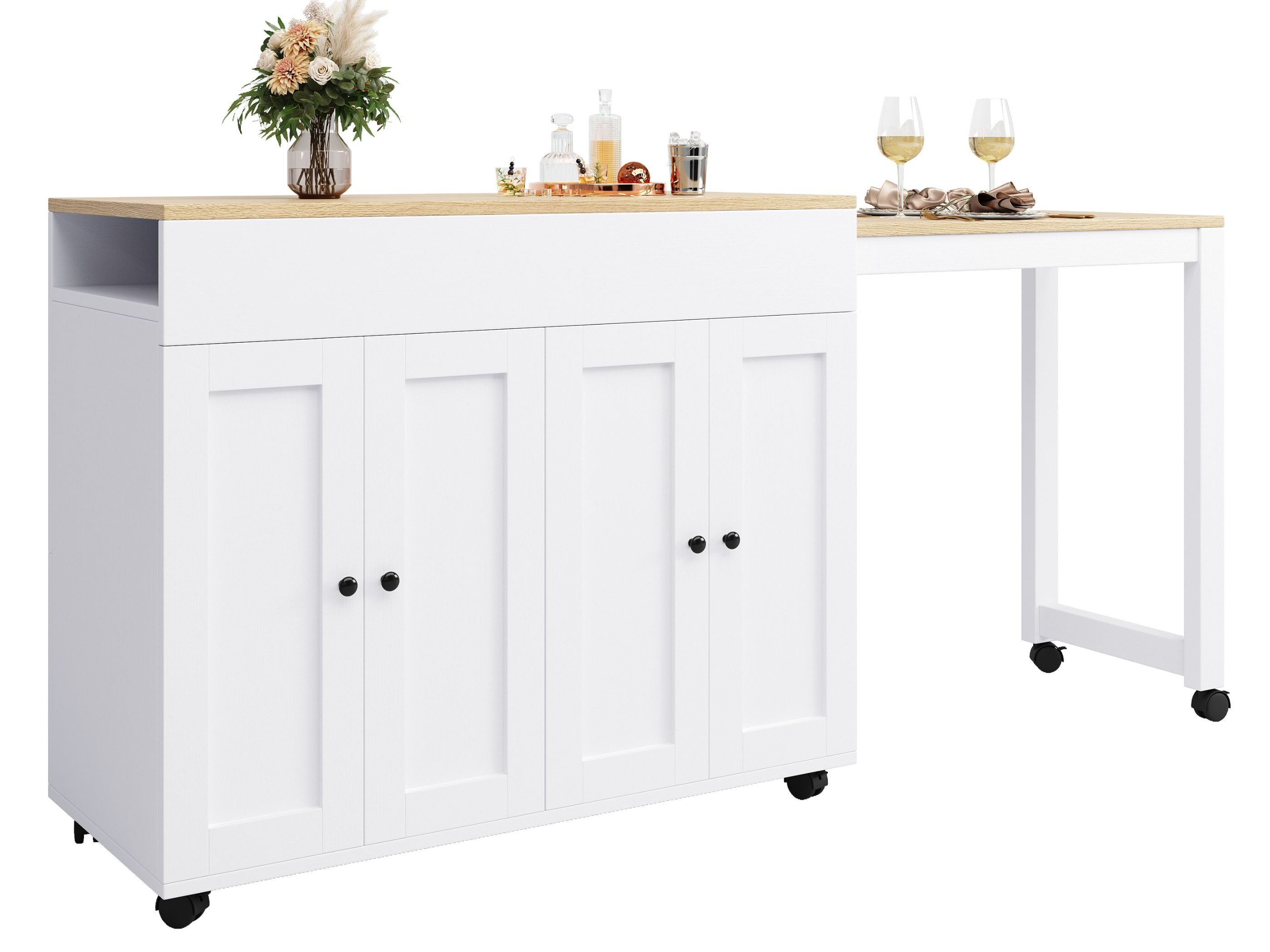 SeedWave Bartisch mit ausziehbarer Tischplatte, Doppeltürenschrank mit verstellbaren, Regalen,2-in-1 Kücheninsel & Bartisch,Sitzgelegenheit für 4-6 Personen