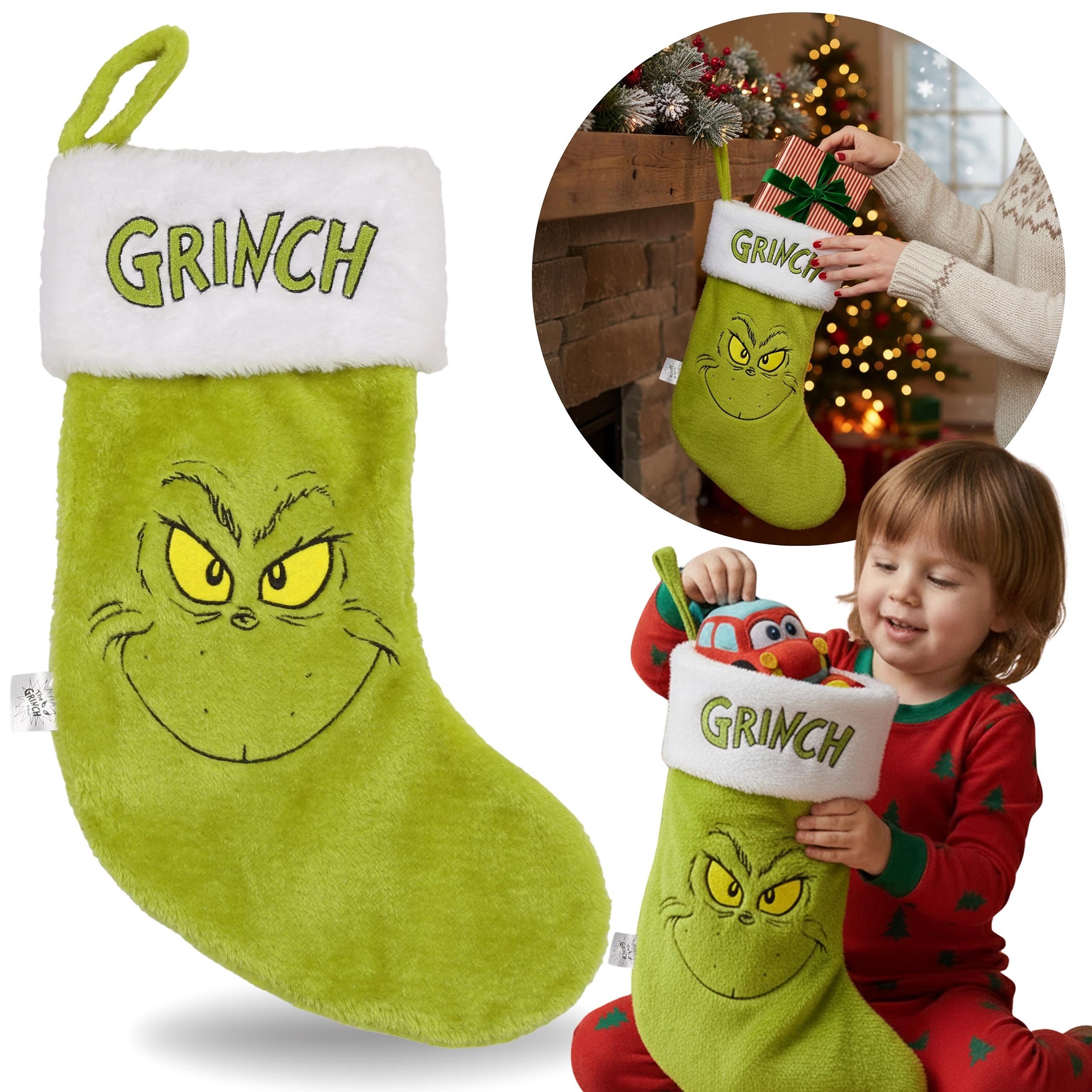 Weihnachtsfigur Grinch Geschenksocke, Weihnachts-Socke für Kamin, groß 43×28 cm