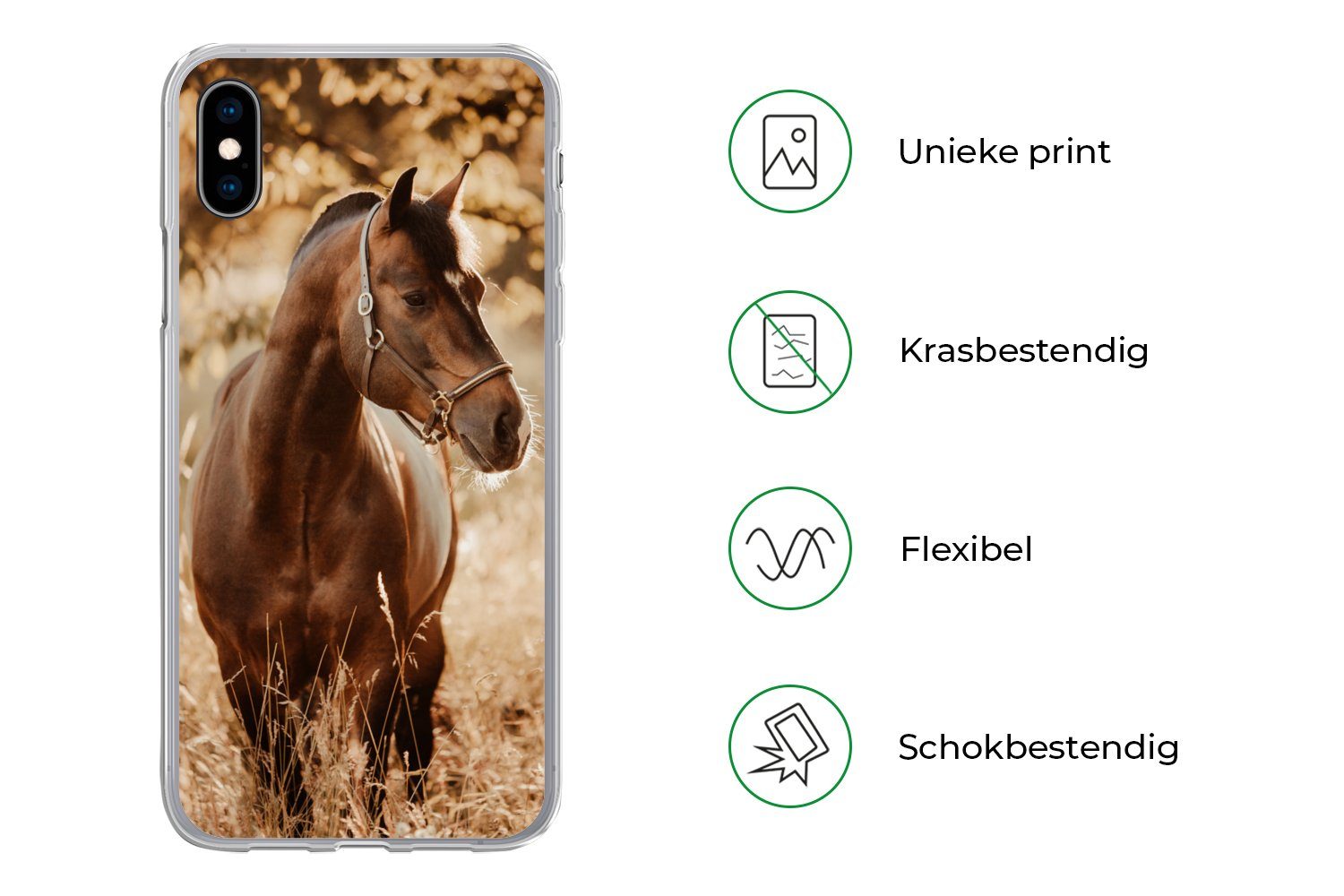 MuchoWow Handyhülle für Apple iPhone XS Pferd - Sonne - Porträt - Natur - Braun, Smartphone-Bumper, Print, Handy Schutzhülle Dünn