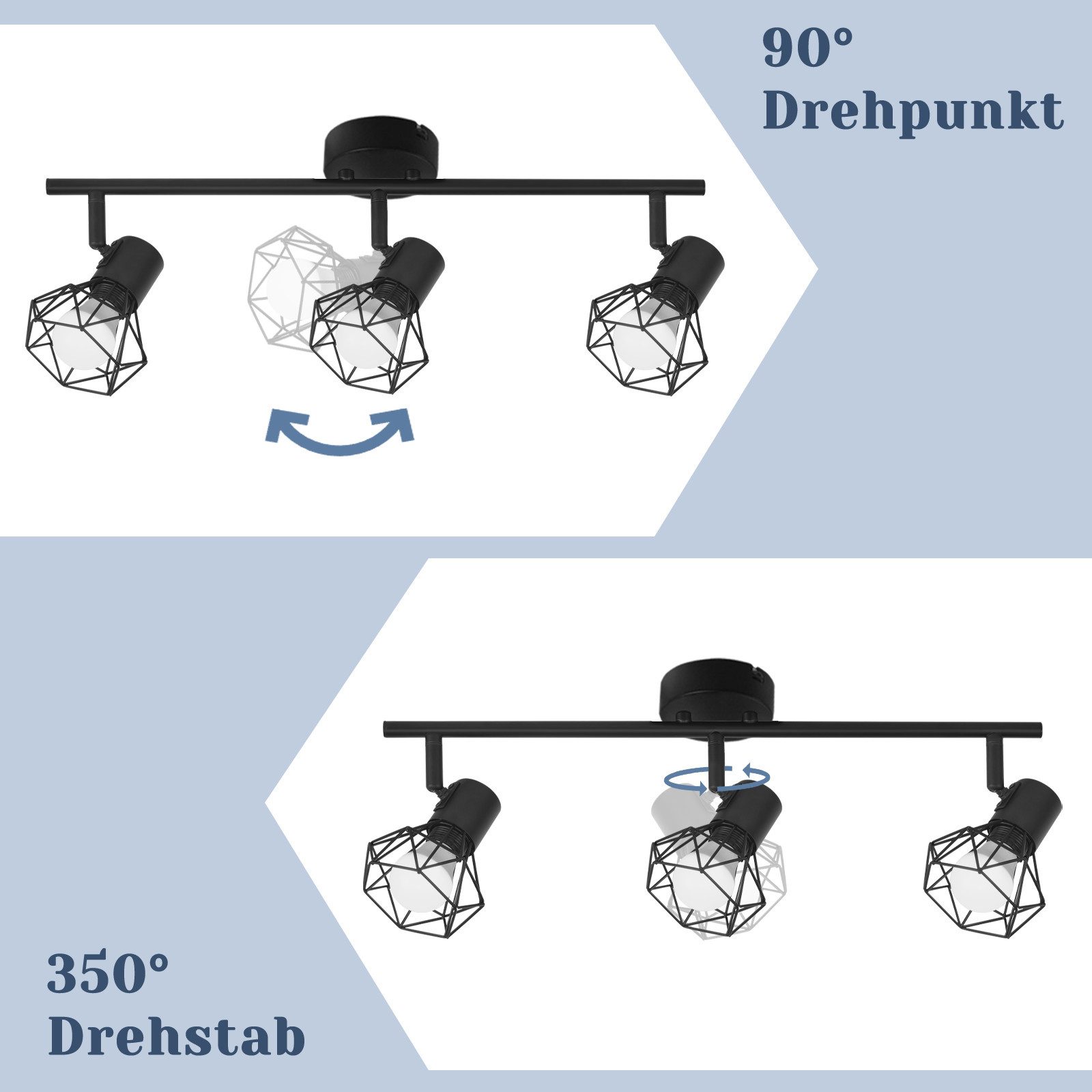 Nettlife Deckenstrahler Wohnzimmer Vintage Schwarz 2/3/4/5 Flammig E14 Industrial, Schwenkbar 350°, LED wechselbar, drehbar für Wohnzimmer Flur Esszimmer und weitere Wohnräume