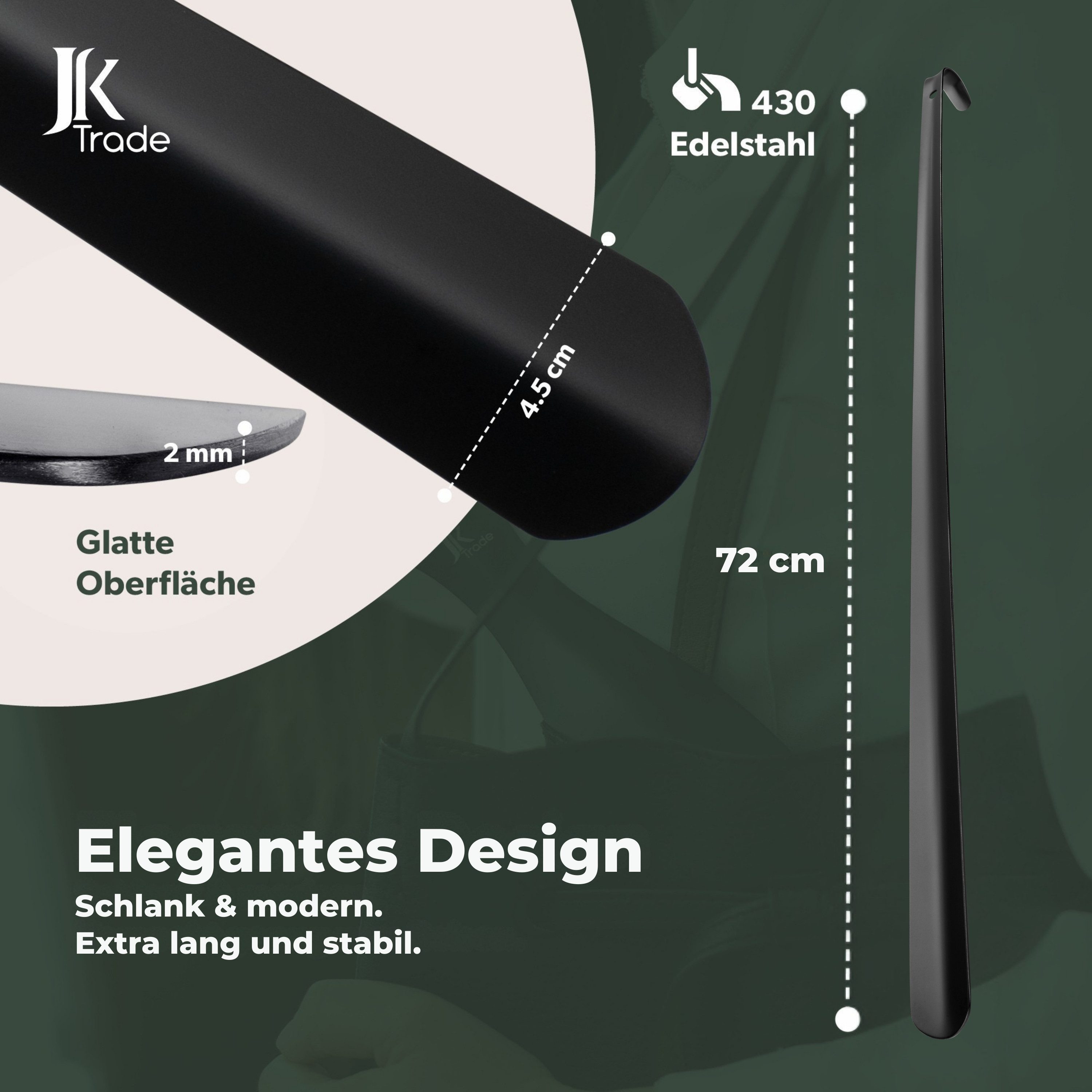 JK Trade Schuhlöffel 72cm Edelstahl Schwarz pulverbeschichtet (1-tlg., extra lang & stabil), Metall Schuhanzieher lang zum Stehen, Aufhängbar, 2mm Extra Stabil