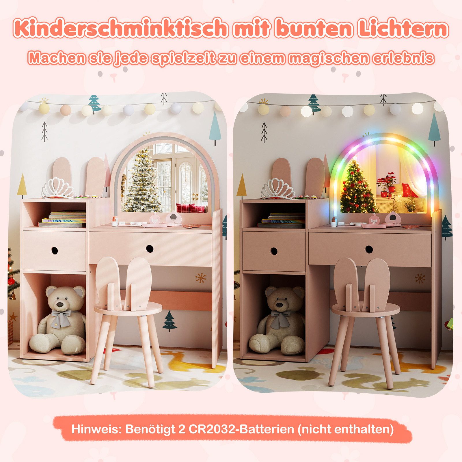 COSTWAY Schminktisch (2-St), Kosmetiktisch Stuhlset Kinder mit Spiegel günstig online kaufen