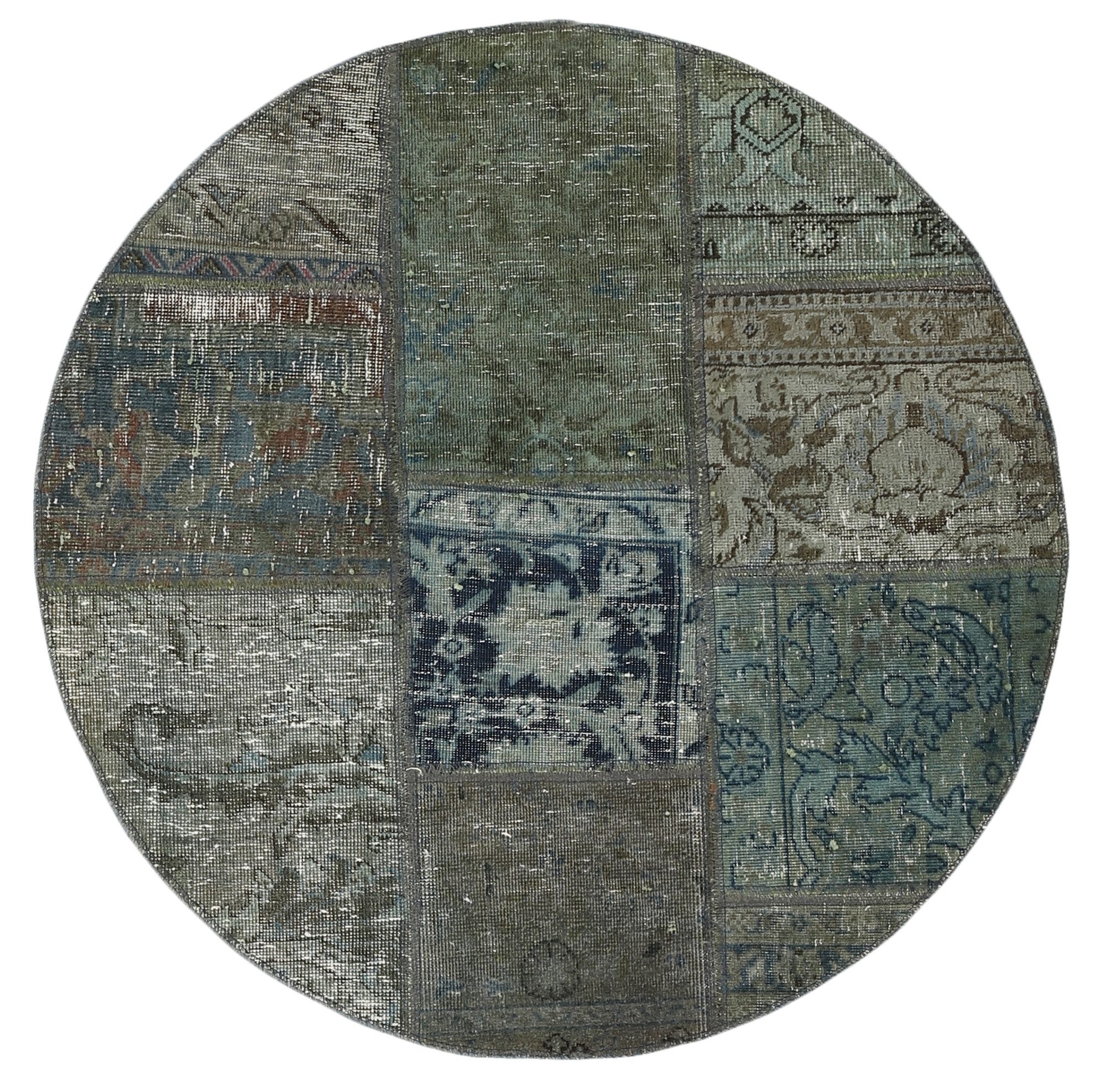 Wohnando Teppich MY-RUG Vintage Patch Work Floral & Ornamentiert 100x100cm, Rund, Höhe: 10 mm, Handgeknüpfter Teppich,Handgesponnene Wolle, mit Naturfarben gegärbt