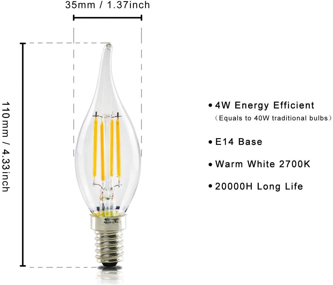 ZMH LED-Leuchtmittel 6X Dekorative Dimmbar E14, St., Glühbirne Kerzenbirne 4W E14 C35l-klar 3000k, Retro Antike, Nicht 6 C35L Warmweiß