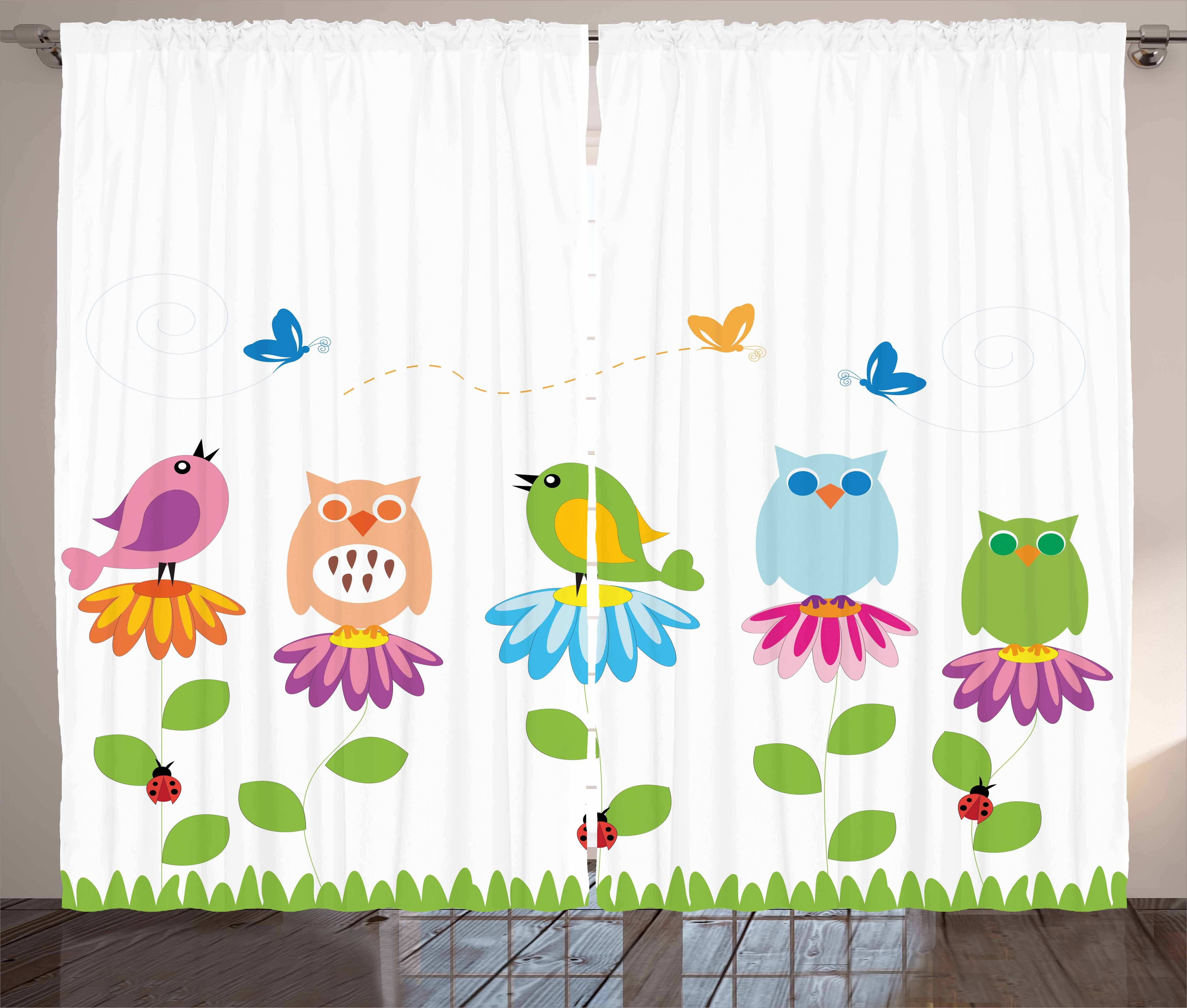 Gardine Schlafzimmer Kräuselband Vorhang mit Schlaufen und Haken, Abakuhaus, Blumen Cartoon Kamille Vögel