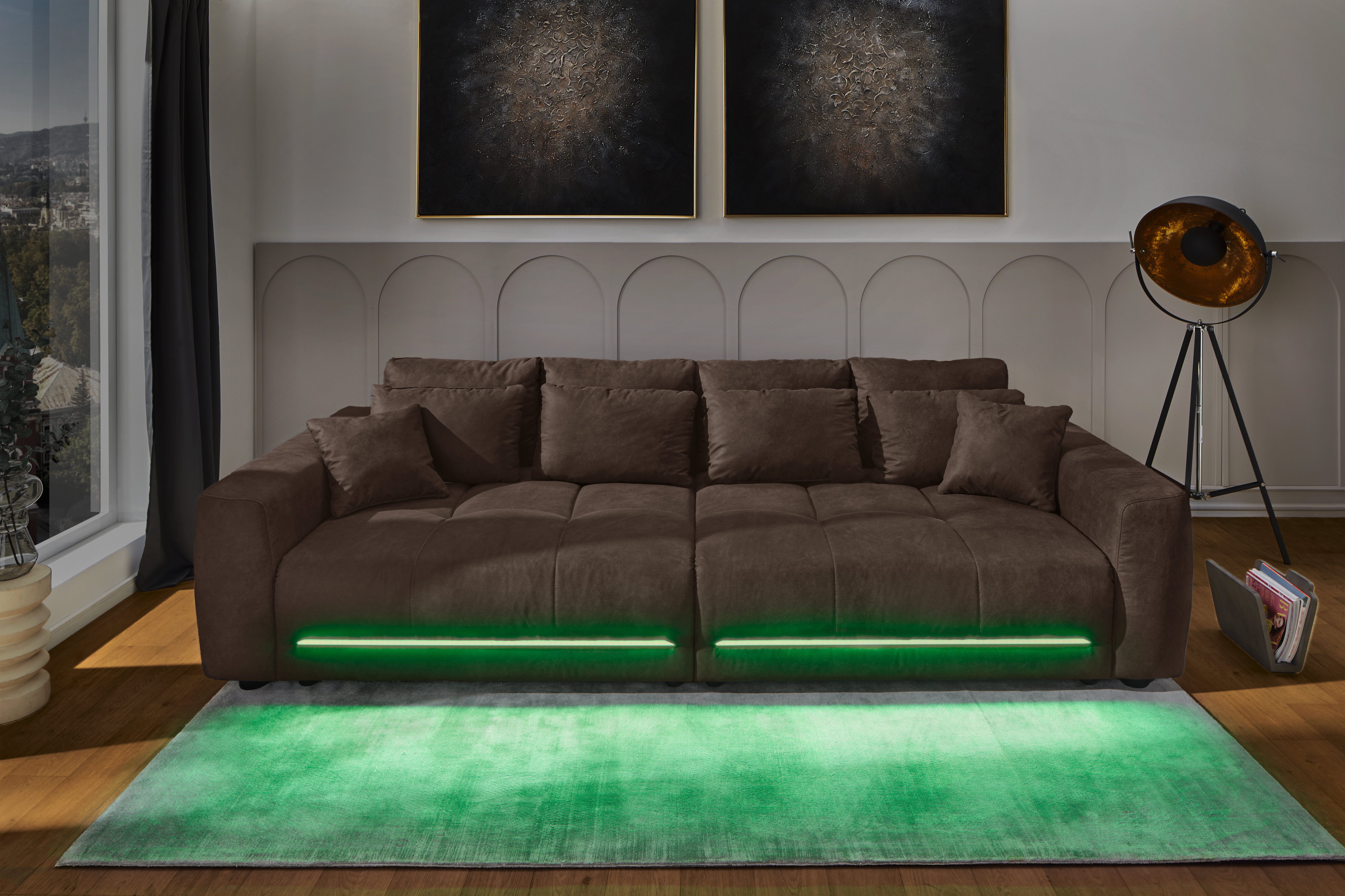 Jockenhöfer Gruppe Big-Sofa Lumina, XXL, B: 294 cm, mit LED-RGB-Beleuchtung, Liegefläche 120x240cm, Mega-Sofa, inklusive Federkernpolsterung und 10 Kissen
