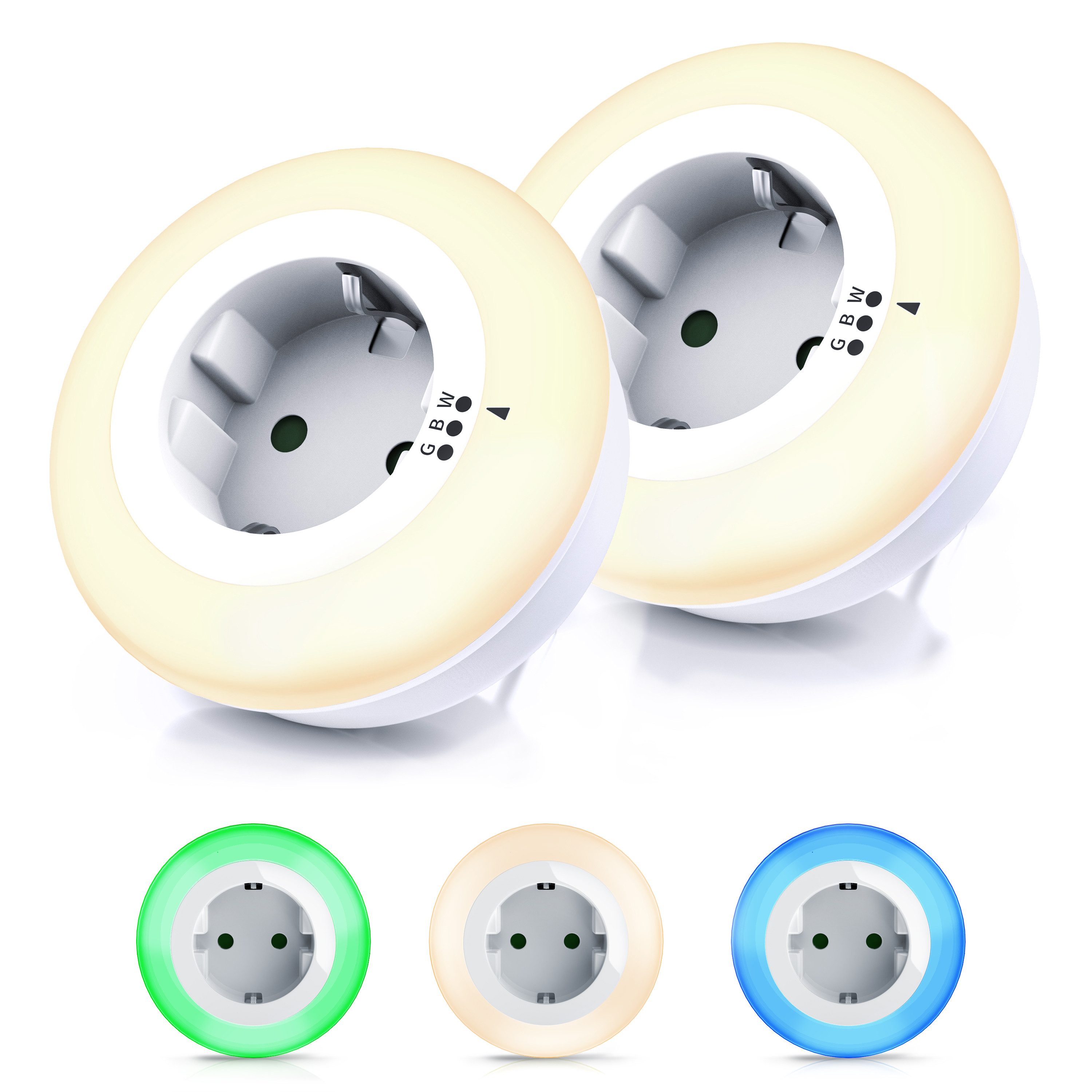 Brandson LED Nachtlicht Nacht & Orientierungslicht mit Steckdose, Helligkeits/Dämmerungssensor, Automatische Ein-/Ausschaltung; Farbwechsel; Nachtlichtfunktion, LED fest integriert, Warmweiß, Grün, Blau, Nachtlampe mit Zwischenstecker & auswählbaren Farben