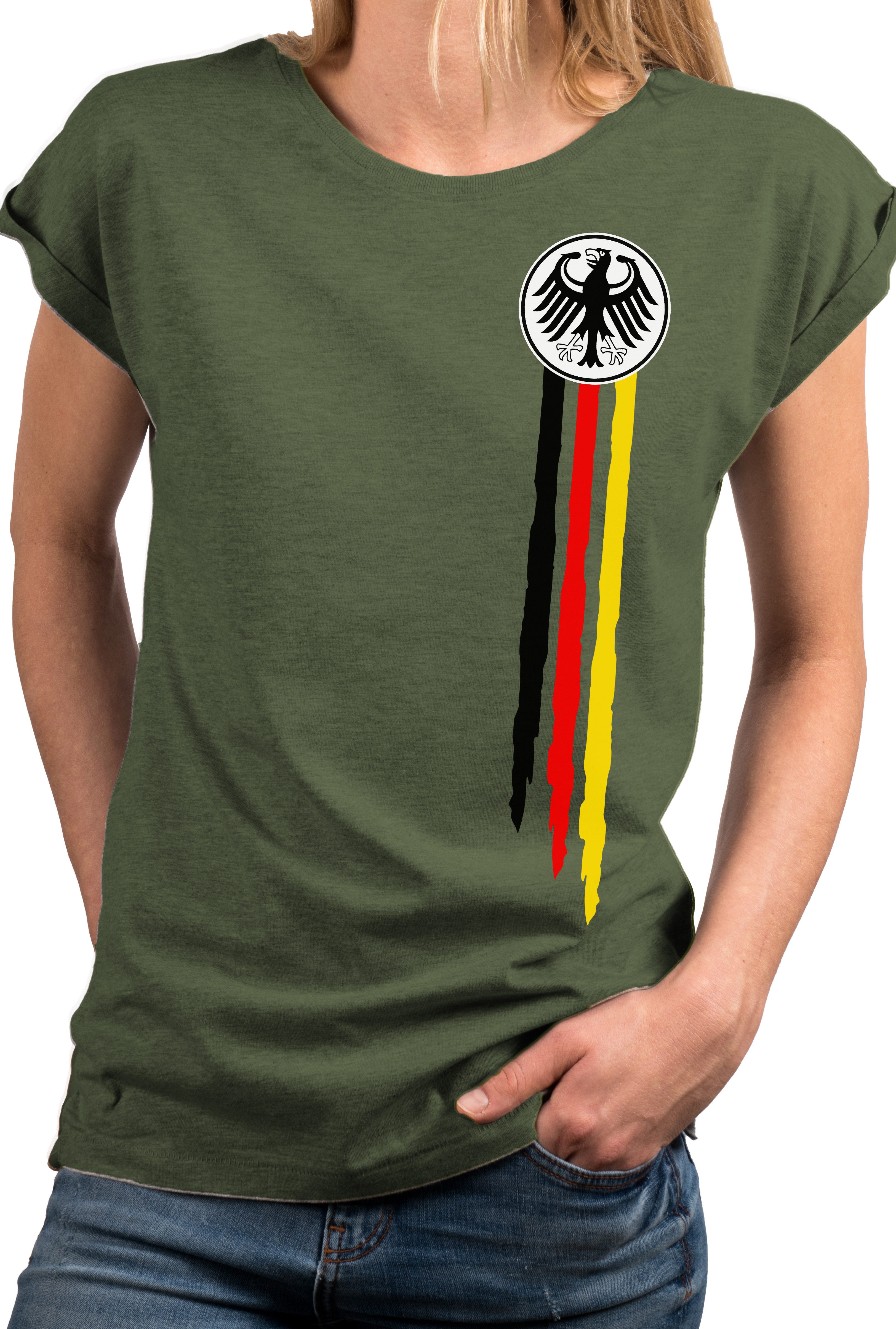 MAKAYA Print-Shirt Deutschland EM Trikot Damen Adler Flagge Fahne Fußball WM Top (Schwarz, Weiß, Blau, Grau, Grün, Rosa, 34, 36, 38, 40, 42, 44, 46, 48, 50) große Größen