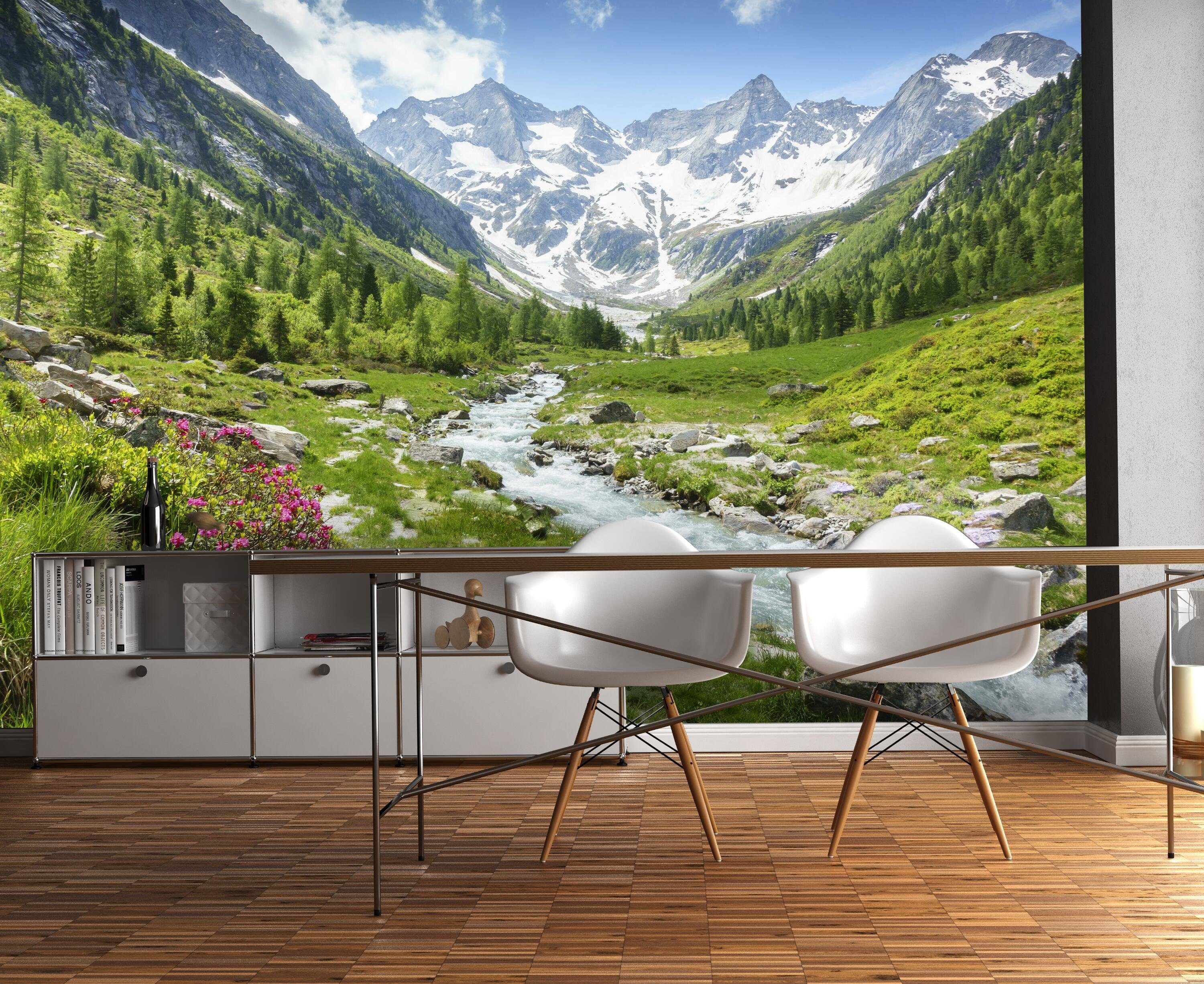 Vliestapete glatt, Motivtapete, Alpen Bach, Berge Fototapete Wiese wandmotiv24 matt, Wandtapete,