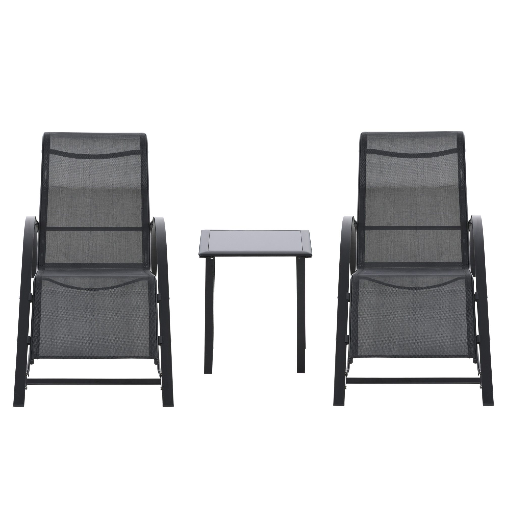 BAYMATE Gartenliege 2er-Set Garten-Sonnenliegen mit Beistelltisch aus gehärtetem Glas, Sonnenliegen mit Rücken- und Armlehnen für Terrasse, Pool, Balkon und Außenbereich, Schwarz
