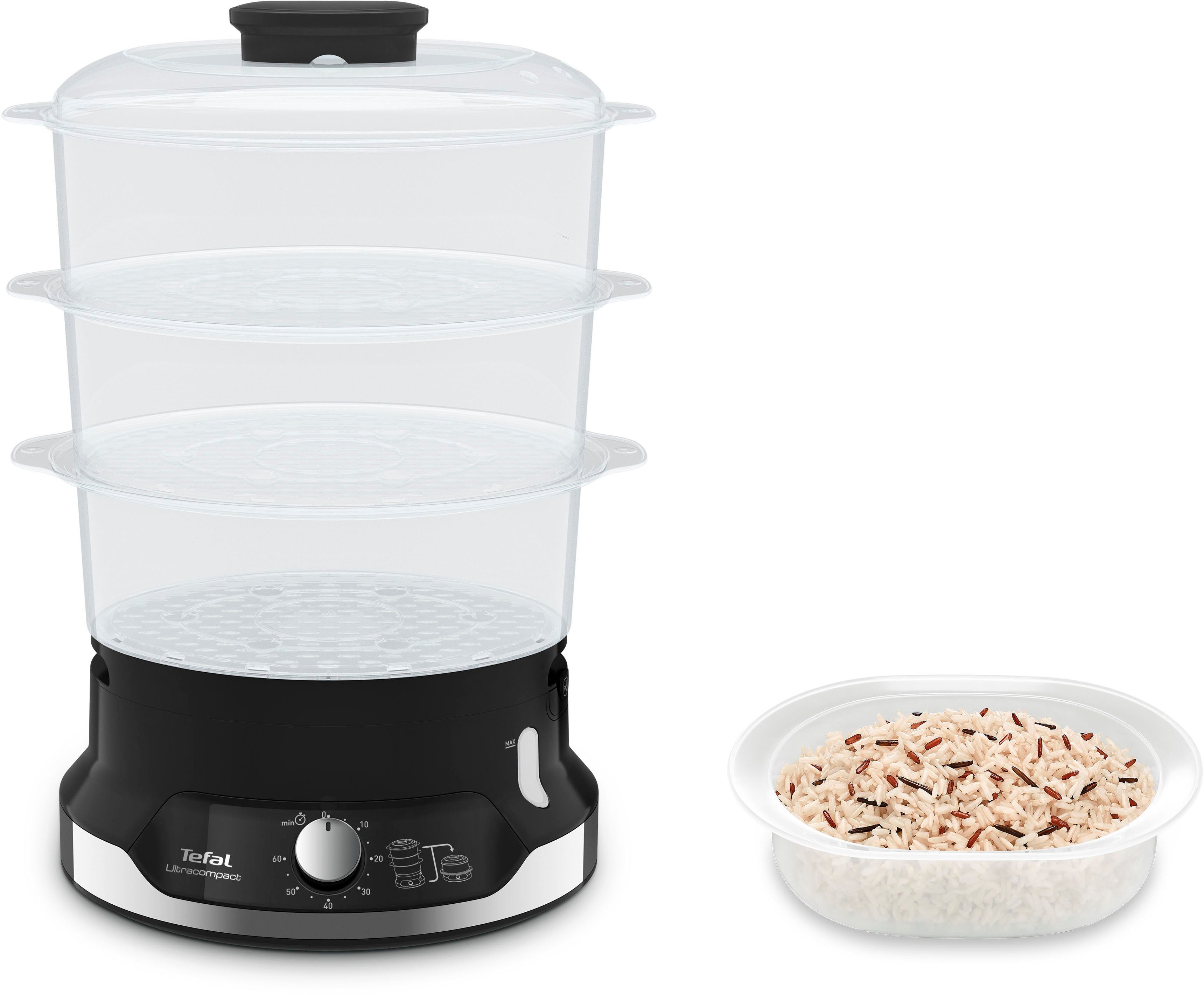 Tefal Dampfgarer Ultracompact, 800 W, 3 Aufsätze, 60-Minuten-Timer, 9-L-Kapazität, Reis-Einsatz, VC2048