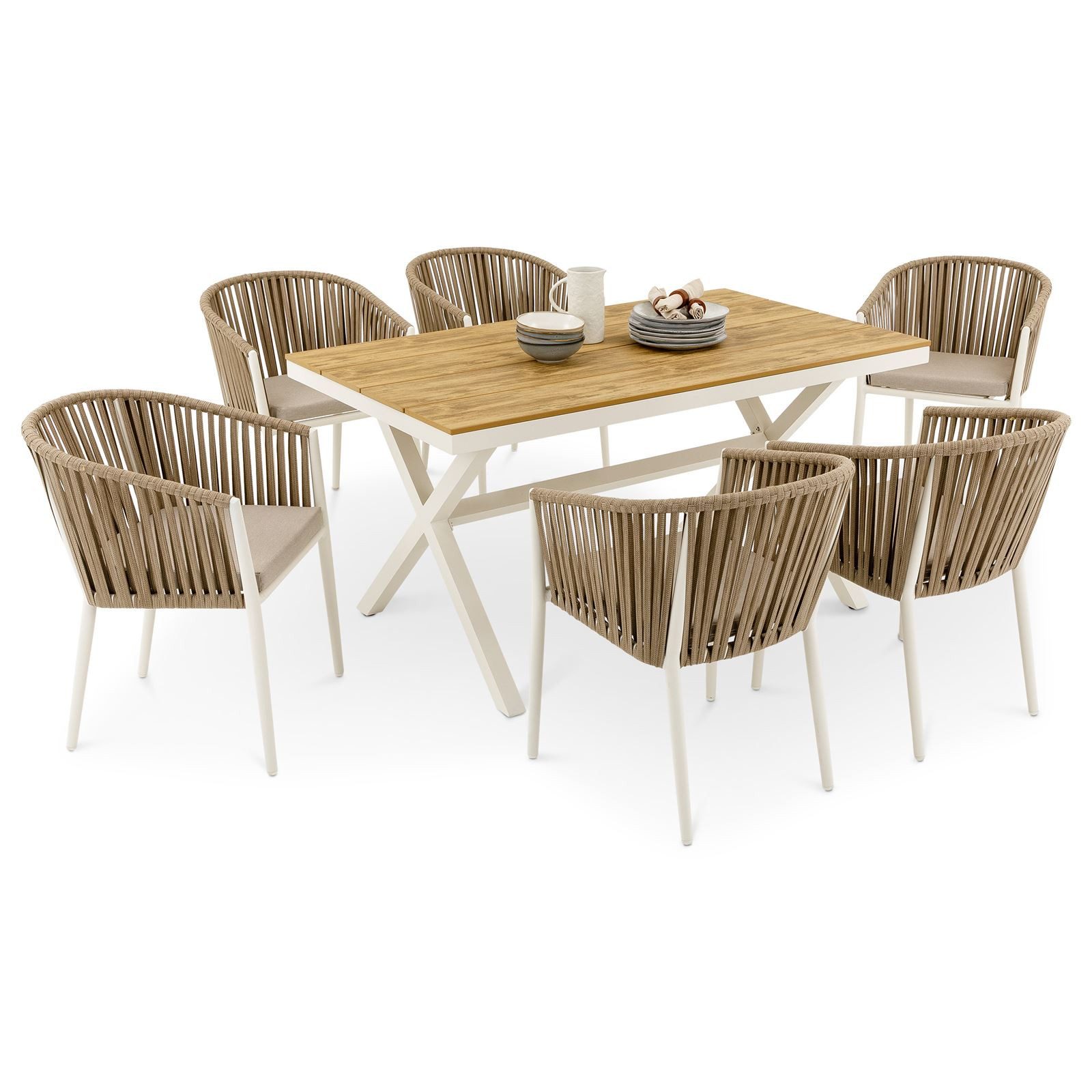IDIMEX Garten-Essgruppe ISOLA, Gartenmöbel Set 6 Personen wetterfest aus Alu mit Rope Weiß/Beige