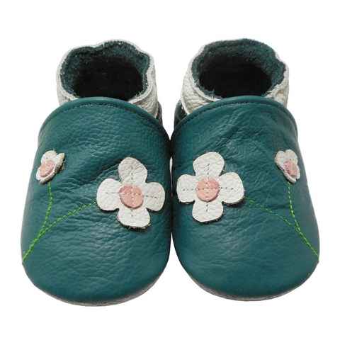 Yalion Weiche Leder Krabbelschuhe Lauflernschuhe 2-Blumen Türkis 100% Leder Krabbelschuh