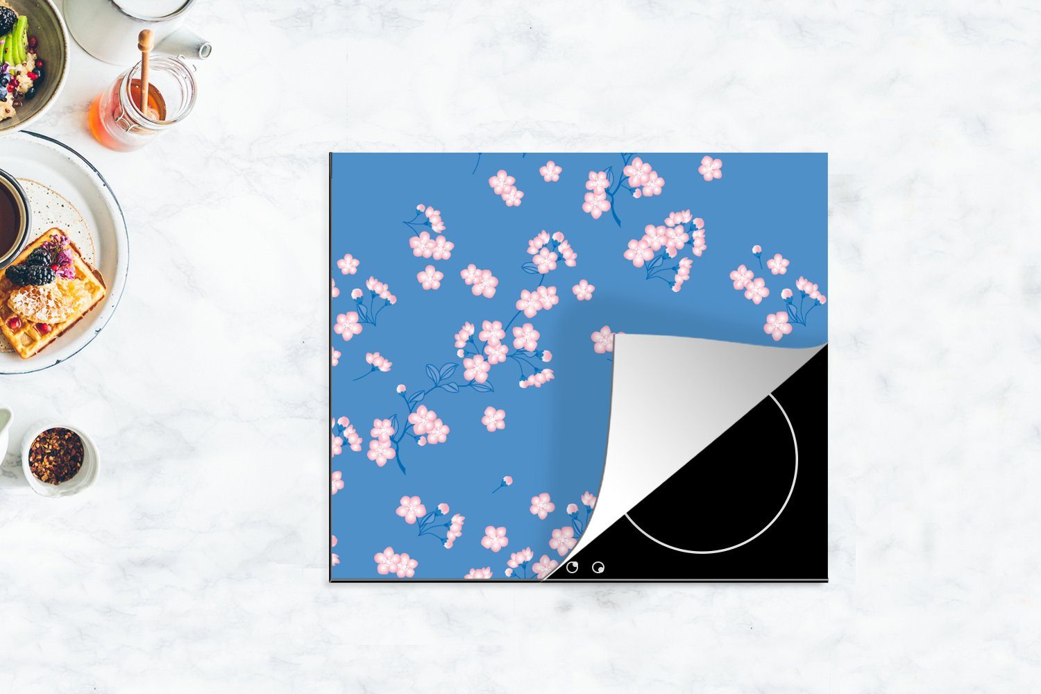 (1 - MuchoWow tlg), Vinyl, Arbeitsfläche Muster - nutzbar, Mobile Ceranfeldabdeckung 60x52 Sakura cm, Blumen, Herdblende-/Abdeckplatte