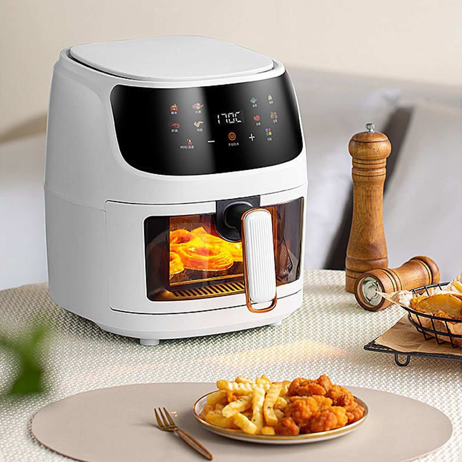 Kpaloft Heißluftfritteuse 5.5L Sichtbares Airfryer ohne Öl mit LED-Touch-Screen, Mini Backofen, mit 8 automatische Menüs, Einstellbare Zeit/Temperatur, Timer