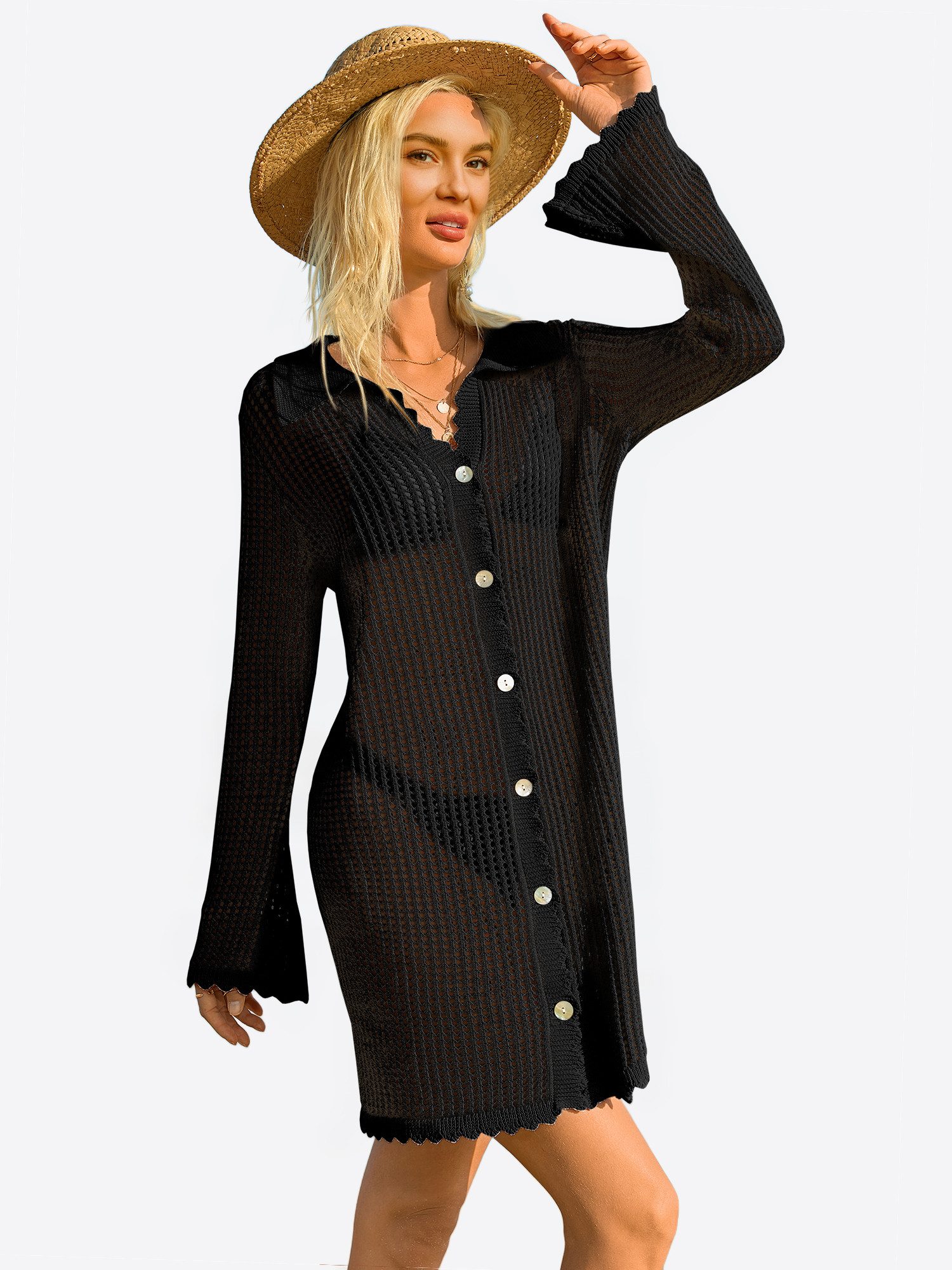 Imily Bela Strandkleid Damen Cover-up mit Lochmuster Knopfleiste Bikini Sommer (Packung, 1-tlg., 1per-Pack) gehäkelt in Unifarbe