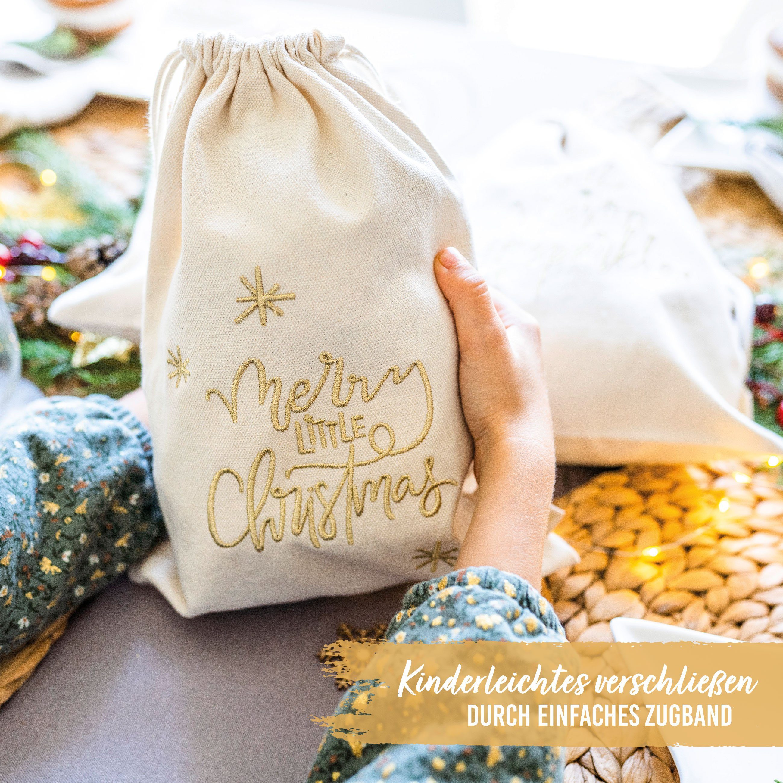 PAPIERDRACHEN Geschenkpapier 3 Geschenksäckchen zu Weihnachten - Geschenke nachhaltig einpacken, mit schöner Bestickung
