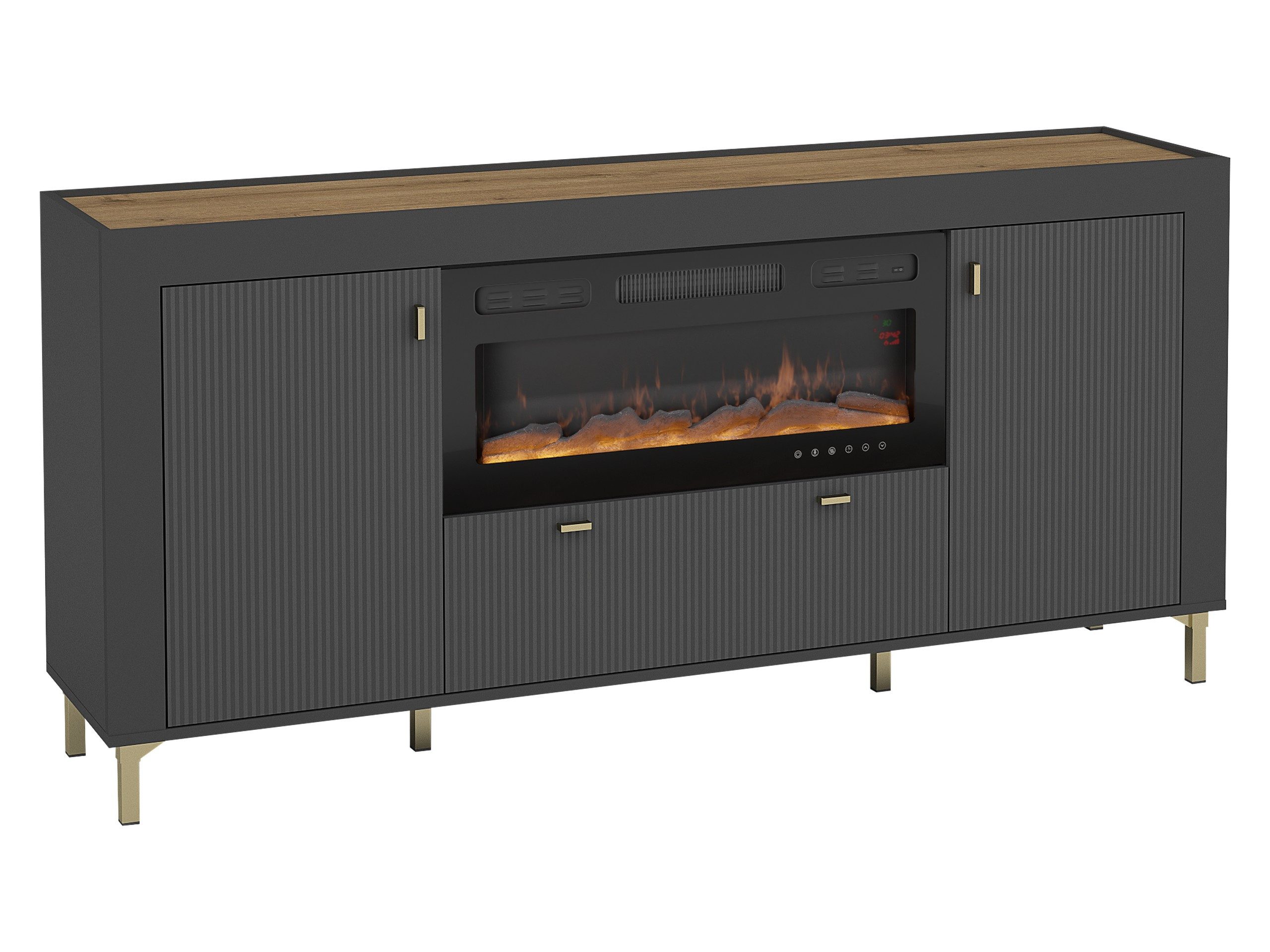 MIRJAN24 Kommode Mossa 2D1S MO07 mit Kamin (mit zwei Drehtüren und Schublade), Realistische LED-Flamme, 177x40x84 cm