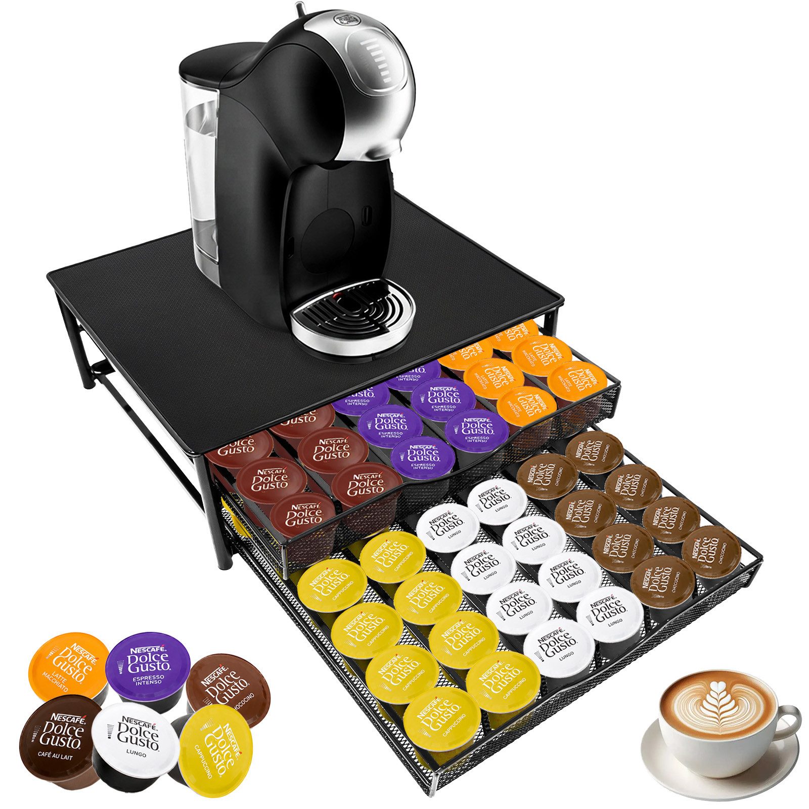 SunJas Kapselspender Kapselhalter Kapselschublade Kapsel‑Organizer mit 2 Schubladen, 72 Kapseln Kapazität,Kapselständer als Unterlage für Kaffeemaschine