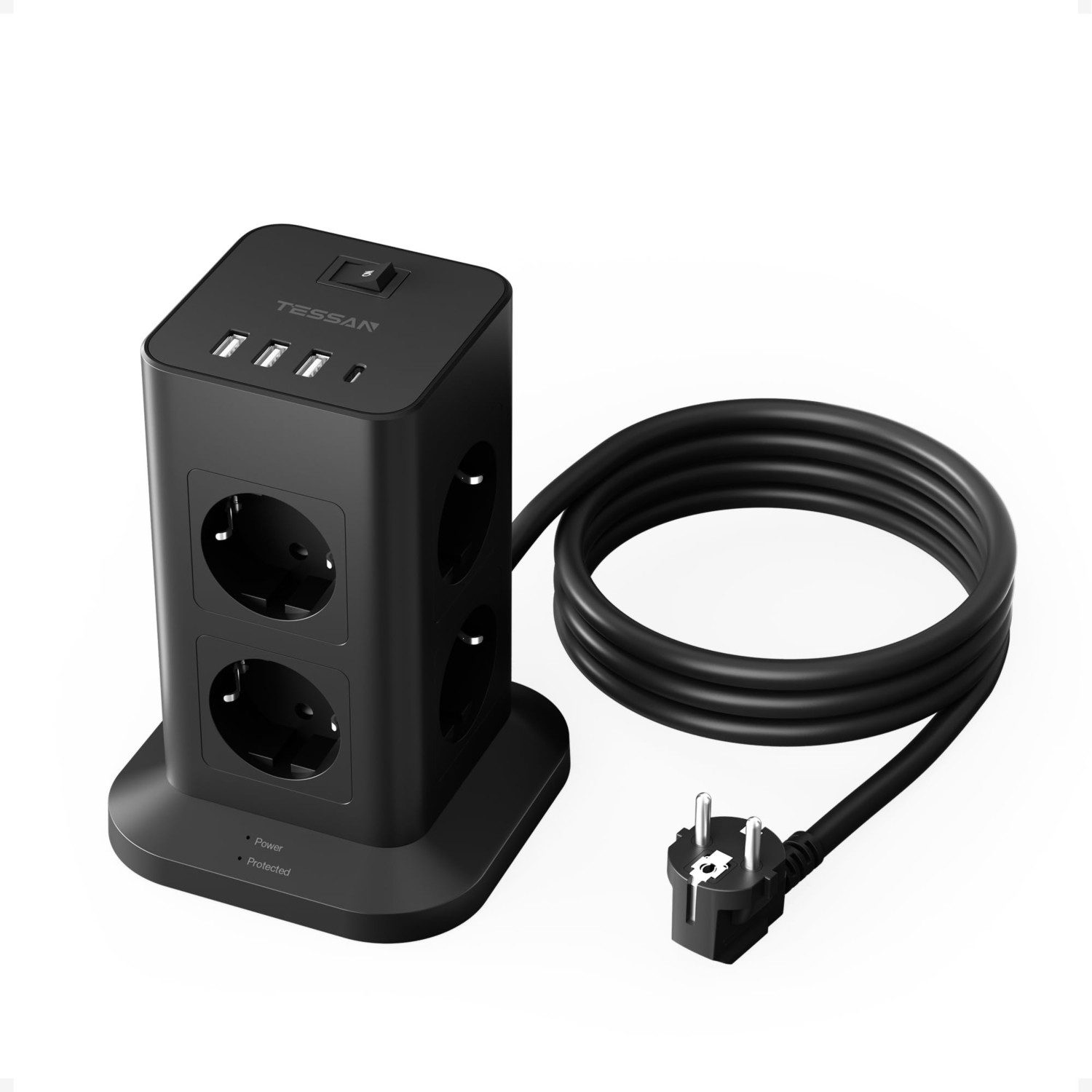 TESSAN 8 Fach Mehrfachsteckdose 4 USB Steckdosenleiste Kabel 2m Mehrfachsteckdose (Ein- / Ausschalter, USB-Anschlüsse, Schutzkontaktkupplung, Überspannungsschutz, Kabellänge 2 m)