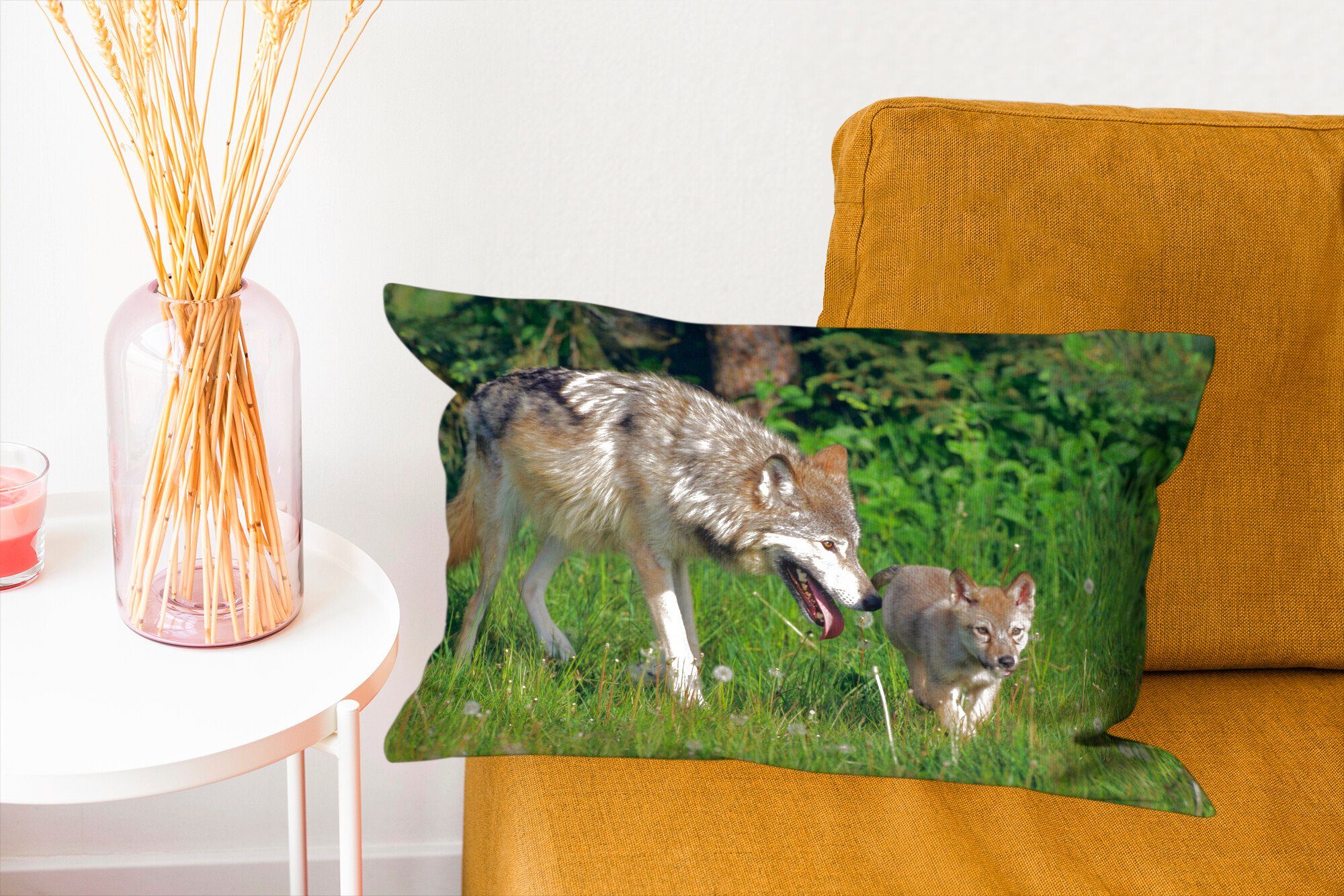 MuchoWow Dekokissen Gras, mit Dekokissen Wolf - Baby Schlafzimmer Füllung, - Zierkissen, Dekoration, Wohzimmer