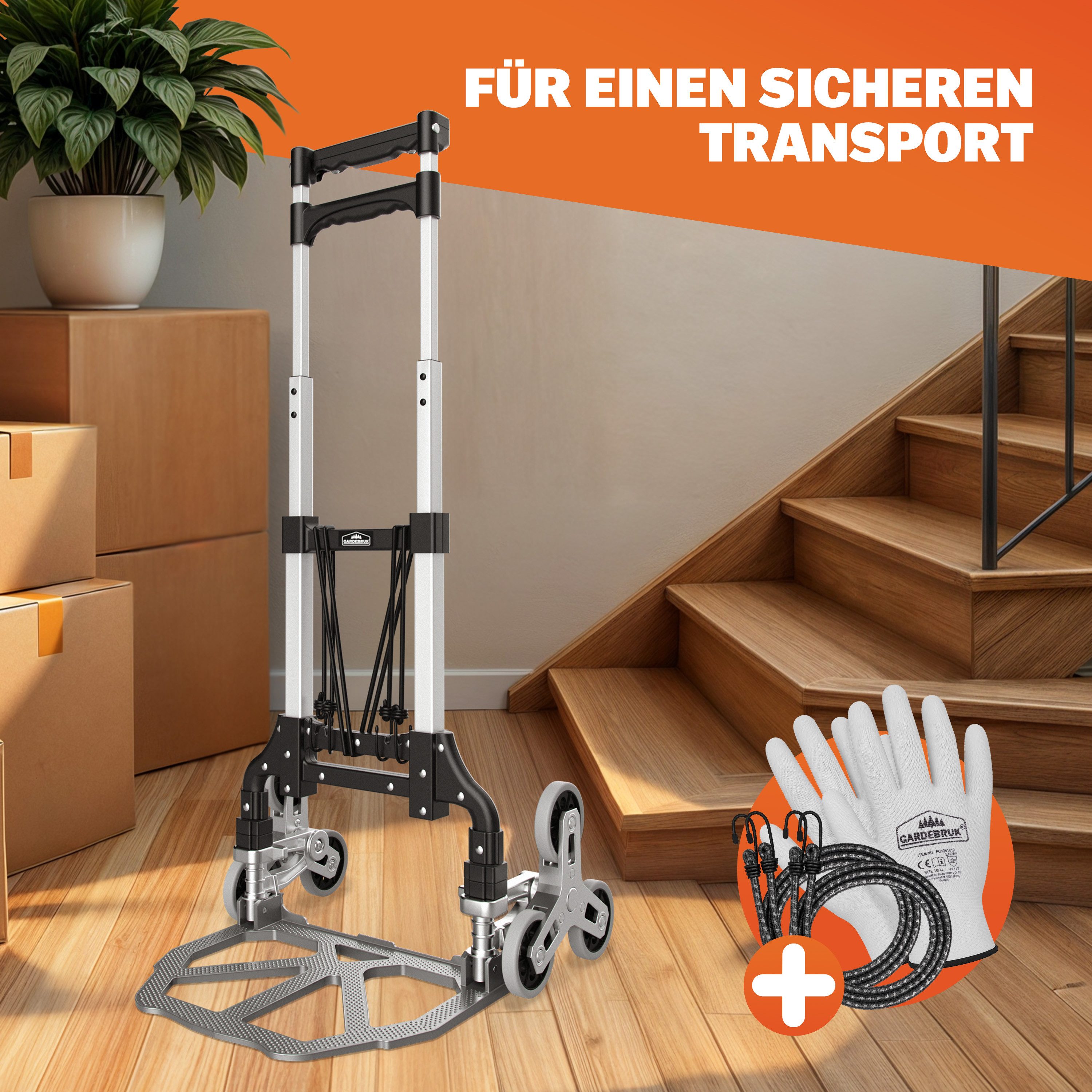 Gardebruk Sackkarre, Aluminium Treppenkarre klappbar 80 kg inkl. Handschuhe Transport
