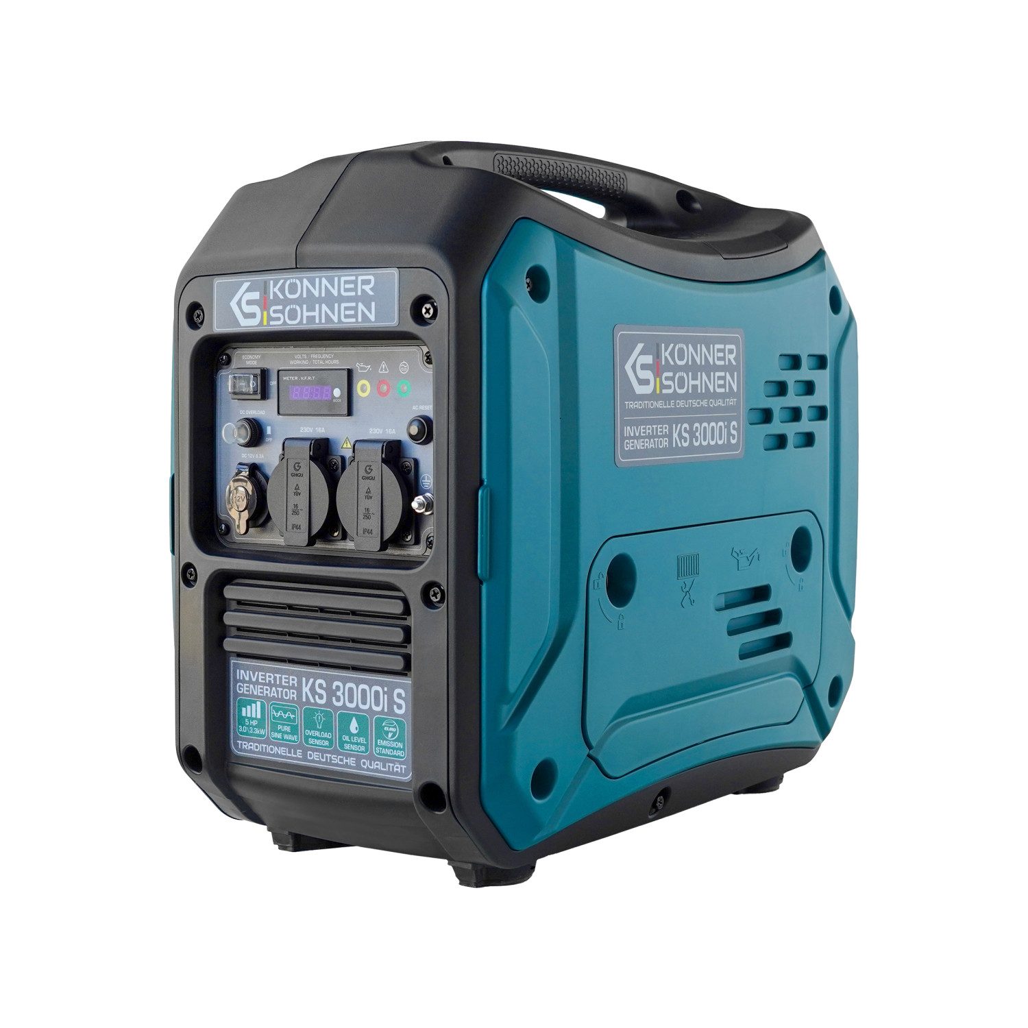Könner & Söhnen Stromerzeuger KS 3000i S, (Silent Inverter Stromerzeuger 3.3kW mit reiner Sinuswelle, 1-tlg., 3300W Peak, nur 22.5kg, superleise 68dB, 4L Tank, Eco-Modus), Reine Sinuswelle, 2x 230V Steckdosen, LED-Display, Kompakt