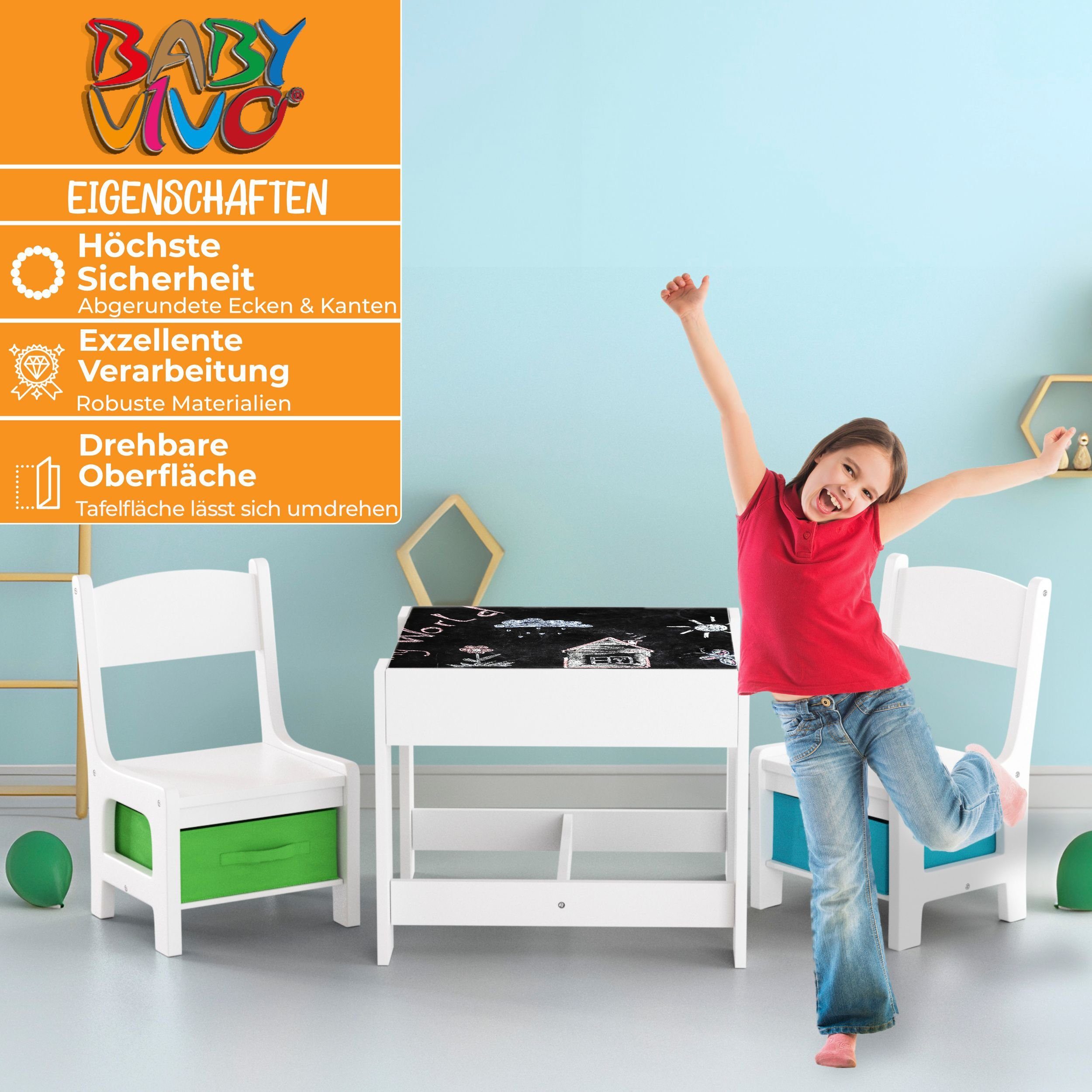 Baby Vivo Kindersitzgruppe multifunktionaler Tisch 2 Stühle aus Holz - Max günstig online kaufen