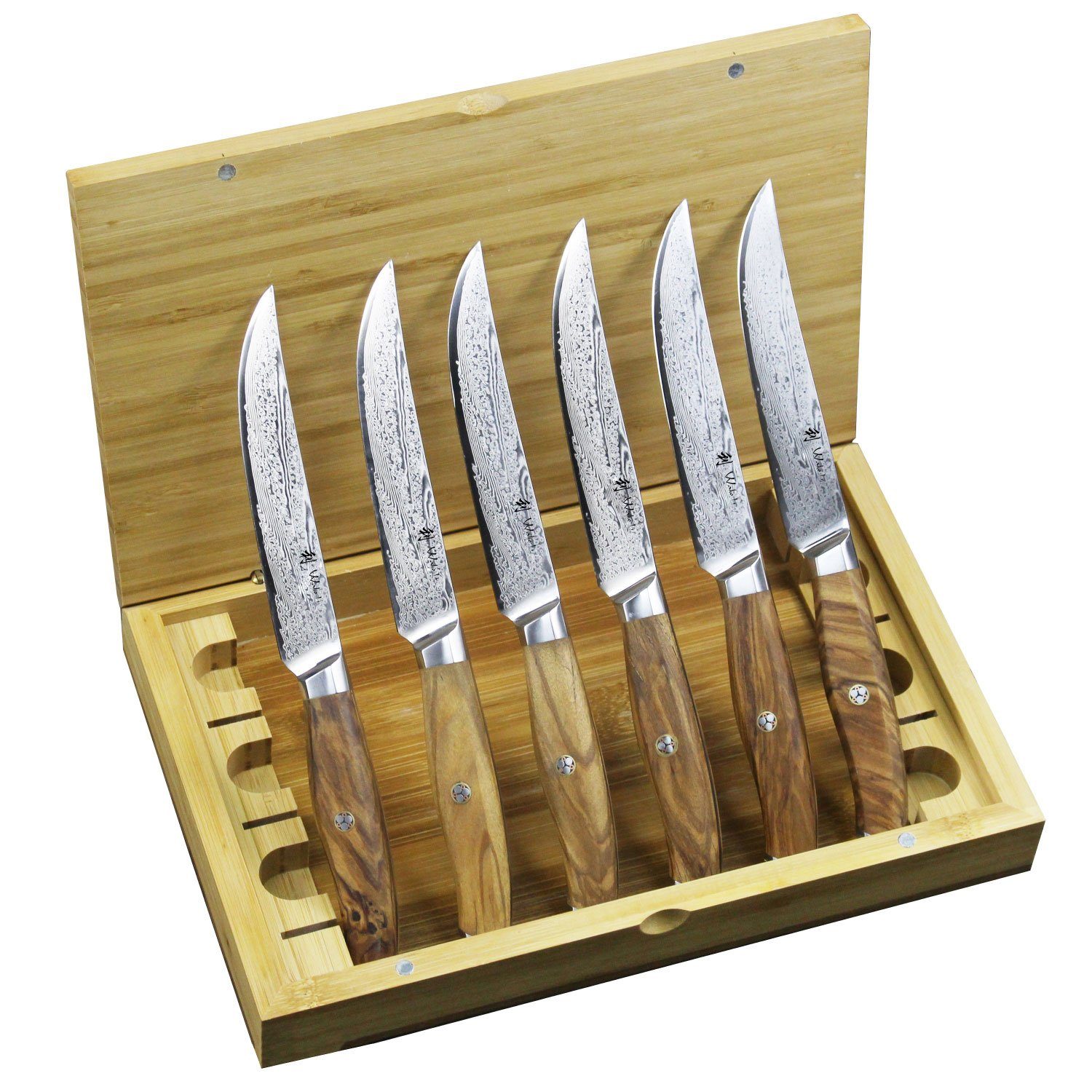 Wakoli Messer-Set 6er Damast Steakmesser-Set, Klingenlänge 12.50 cm - Olivenholz Griffe
